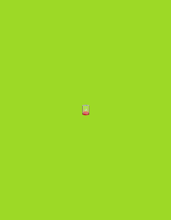 The image shows a single battery icon with a low charge, rendered in red and white, positioned in the center of a plain, lime green background. There are no discernible environmental features or urban context, and therefore no location in El Maco, Venezuela can be identified.