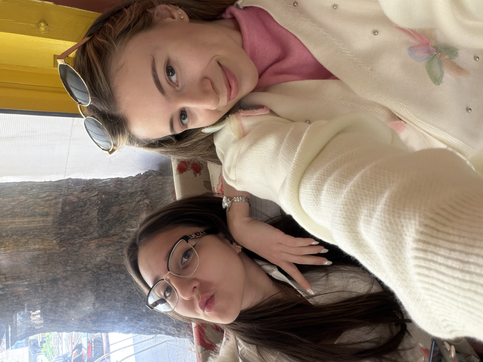 Two young women are posing for a selfie. The first woman, positioned towards the top of the frame, has long brown hair, fair skin and sunglasses are perched on her hair. She is wearing a pink top underneath a white cardigan with floral decorations. The second woman, positioned towards the bottom of the frame, has long dark hair, wears glasses, and is pouting her lips. She is also wearing a white cardigan. The women are likely in an establishment in the city of Plovdiv, Bulgaria. A visible tree trunk and objects near the exterior of a glass window are visible in the background.