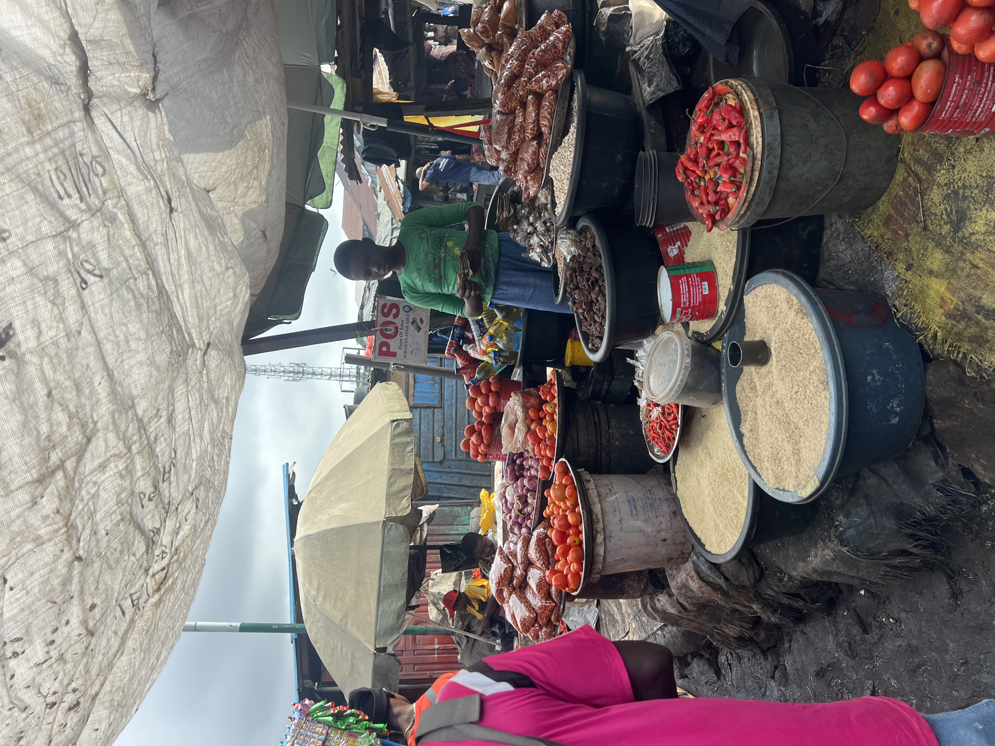 This is a medium shot image of a busy outdoor market stall in Nkpor, Nigeria. The scene is dominated by a large, tattered, white tarp stretched overhead, casting a dappled light on the goods below. A young person wearing a green long-sleeved shirt and blue pants stands behind the stall, counting money in their hands. In front of them are various food items displayed in large buckets and bowls.
To the left of the young person, there are piles of red chili peppers in a cylindrical metal container, and large bowls of what appears to be rice. Further left, a person wearing a bright pink top is partially visible from the back, facing away from the camera. Behind them, a stall with a beige umbrella displays stacks of red onions and bags of peanuts or beans. To the far left, a rack of colorful merchandise, possibly toys or small crafts, is visible.
To the right of the young person, there are more large containers of food, including what look like cocoa beans or dark nuts in a black bowl, and bags of peanuts or beans in red packaging. There are also some bottles of oil and other liquids on shelves behind the stall. In the background, other market stalls and structures are visible, with corrugated metal roofs and various people moving about. The ground is unpaved and appears to be a mixture of dirt and debris. The overall impression is one of a vibrant, bustling marketplace.
