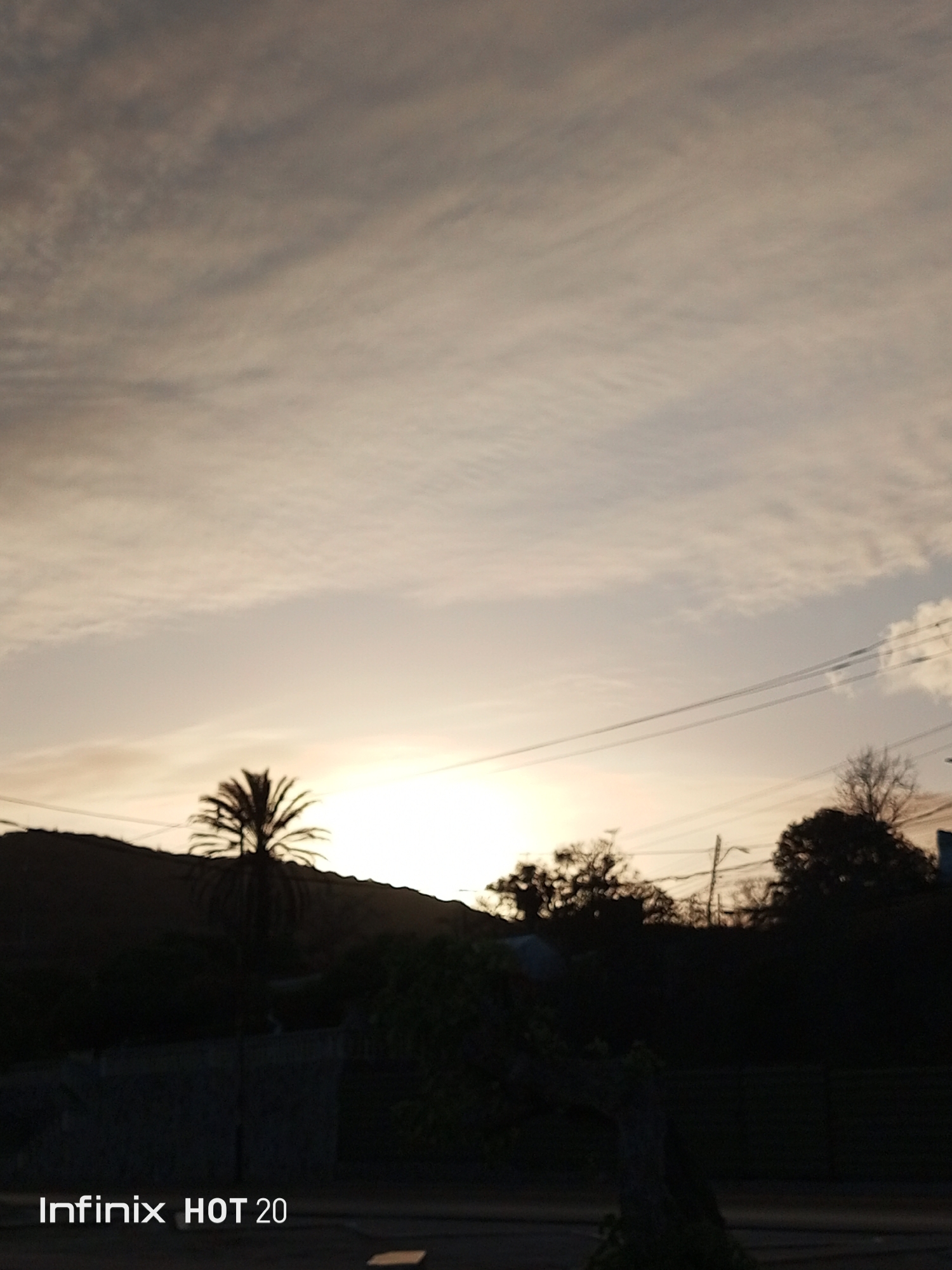 The image captures a landscape at sunset in Pampatar, Venezuela. Silhouetted against the bright sun are various trees, including a distinct palm tree situated on a small hill or raised area. Power lines are visible stretching across the sky. In the foreground, there is what appears to be a wall or fence, obscuring a clear view of the ground. The sky features a mix of light and dark clouds illuminated by the setting sun. The lower left corner shows the watermark "Infinix HOT 20," indicating the device used to capture the image. The overall tone is tranquil and natural.