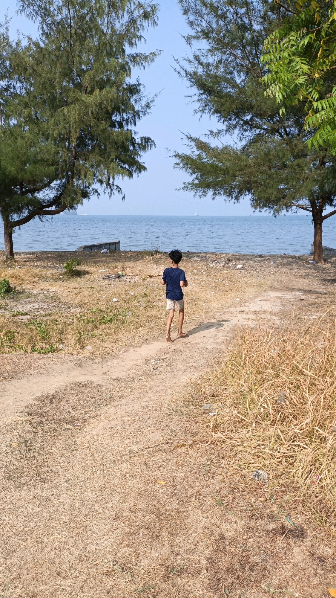 A young person wearing a dark blue t-shirt and tan shorts walks away from the camera towards a body of water. The person has dark, curly hair and is barefoot. The ground is a mix of dry grass and dirt, with a path leading towards the water. Two large trees with green needles flank the path. The water is calm and blue, with a clear sky overhead. In the distance, there are two boats on the water and some concrete structures on the shore. The scene appears to be a beach or coastal area in Cikal, Indonesia, on a sunny day.