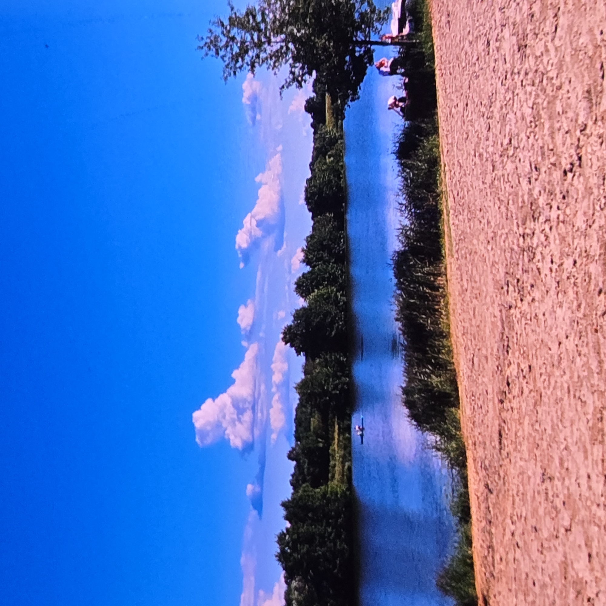 The image depicts a serene natural landscape with a clear blue sky filled with scattered white and pink clouds. A large body of water, likely a lake or river, occupies the middle ground, reflecting the sky and surrounding foliage. On the far bank of the water, a dense line of dark green trees forms a natural barrier. In the foreground, a sandy or dusty embankment slopes down towards the water, with some dry vegetation visible along the water's edge.
On the water, a small, dark-colored kayak or canoe is visible with a person in it. Further to the right, on the embankment near the water's edge, several people are gathered. One person appears to be kneeling or bending over, while two others are standing, one of whom is wearing a pink shirt. A white structure, possibly a bench or a small boat, is situated near the standing figures. The overall impression is one of a peaceful outdoor recreational setting.
The location is identified as the city of Vladimir, Russia.
