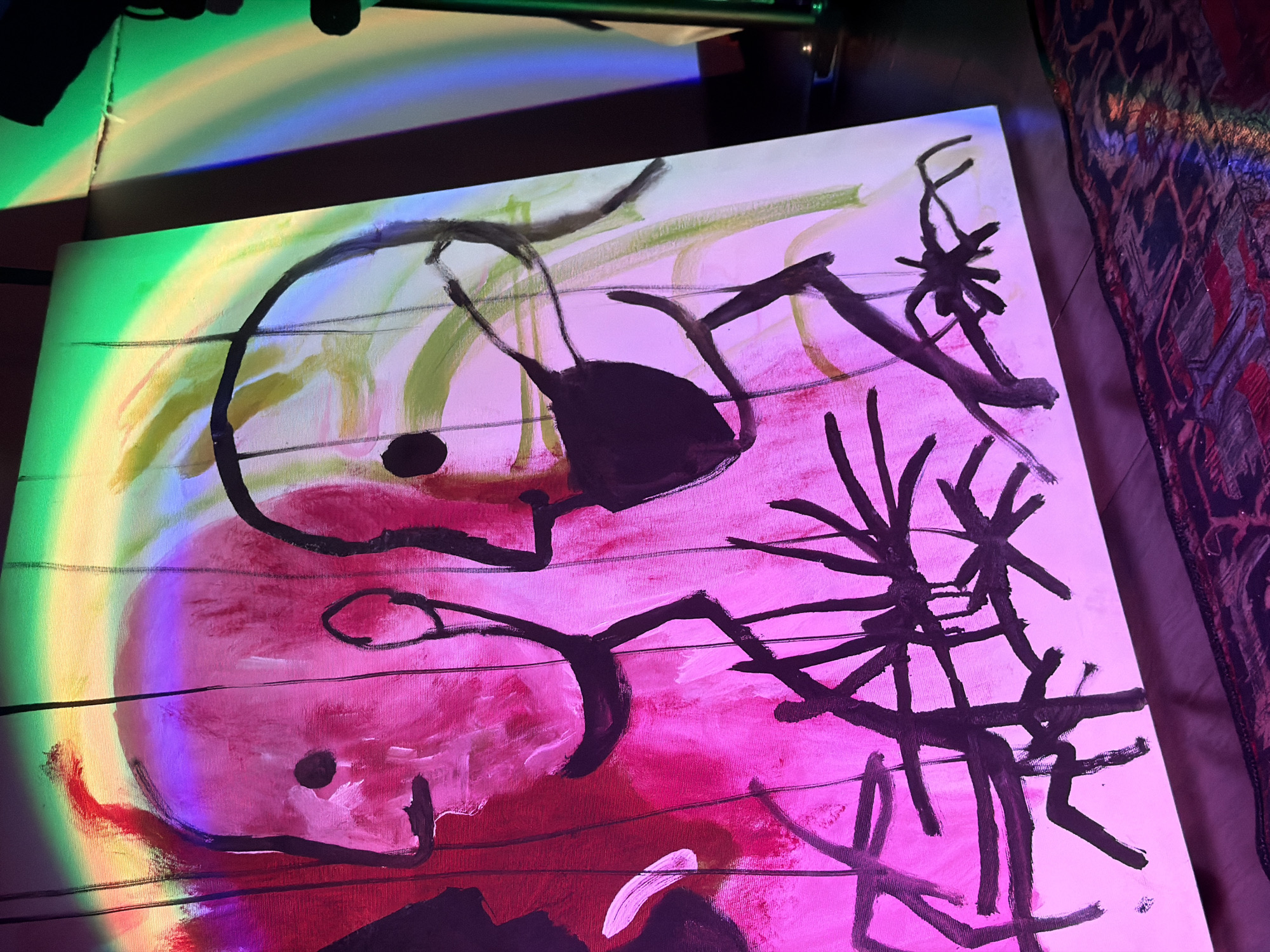 The image depicts an abstract painting on a canvas. The artwork features broad brushstrokes of pink, red, and green, overlaid with black lines and shapes suggesting organic forms. The painting is lit with a rainbow-colored light, casting hues of green, yellow, blue, and pink across its surface. To the right of the canvas, a patterned object, possibly a piece of fabric or carpet, is visible. The image does not contain information to identify the location as Budva, Montenegro.