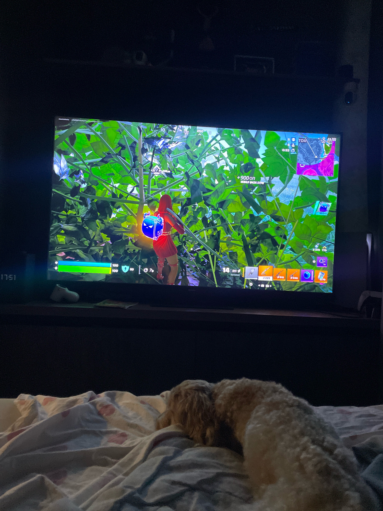 In a dimly lit room, a large television screen displays a video game, likely Fortnite, featuring a character in a red outfit with a blue backpack against a backdrop of lush green foliage. The game interface shows health and shield bars, a timer, and various icons. To the right of the screen, a small security camera is visible mounted on a shelf. Below the television, a brown and white dog is sleeping on a bed covered with a patterned blanket. The overall scene suggests a relaxed evening spent gaming and resting. The location is described as Moskva, Russia.