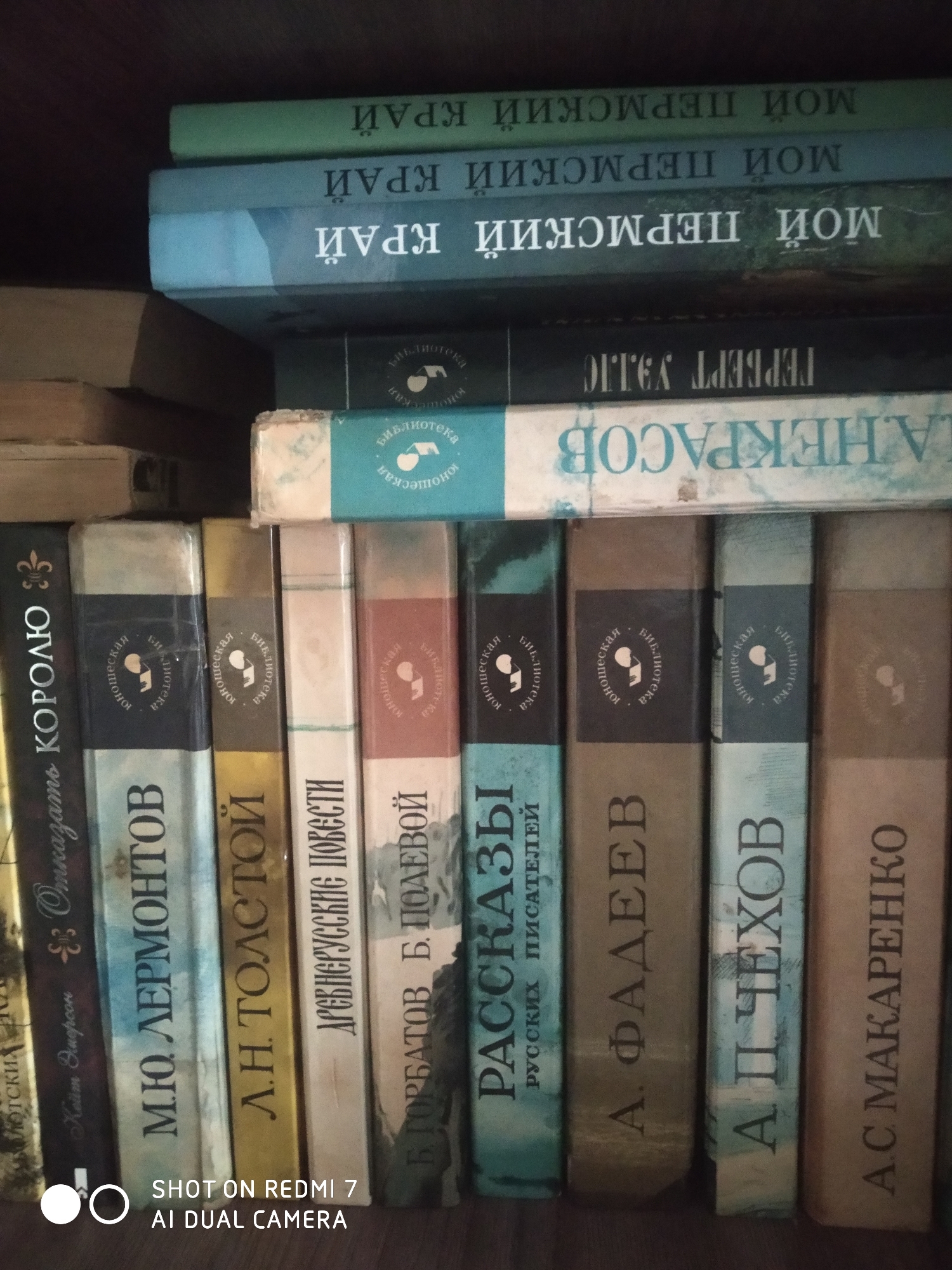 The image shows a shelf filled with books, possibly in a home library in Ochansk, Russia. The books are arranged vertically, with their spines facing forward. Several titles are visible: "Отказать КОРОЛЮ" (Refuse to the King), "М.Ю. ЛЕРМОНТОВ" (M.Yu. Lermontov), "Л.Н. ТОЛСТОЙ" (L.N. Tolstoy), "ДРЕВНЕРУССКИЕ ПОВЕСТИ" (Old Russian Tales), "Б. ГОРБАТОВ Б. ПОЛЕВОЙ" (B. Gorbatov B. Polevoy), "РАССКАЗЫ РУССКИХ ПИСАТЕЛЕЙ" (Stories of Russian Writers), "А. ФАДЕЕВ" (A. Fadeev), "А. П. ЧЕХОВ" (A.P. Chekhov), "А.С. МАКАРЕНКО" (A.S. Makarenko), "Н.А. НЕКРАСОВ" (N.A. Nekrasov), and "ГЕРБЕРТ УЭЛЛС" (Herbert Wells). Three books at the top have the title "МОЙ ПЕРМСКИЙ КРАЙ" (My Perm Territory). The spines of some of the books feature a logo of a stylized figure reading. The background is dark, suggesting the shelf is in a dimly lit area.