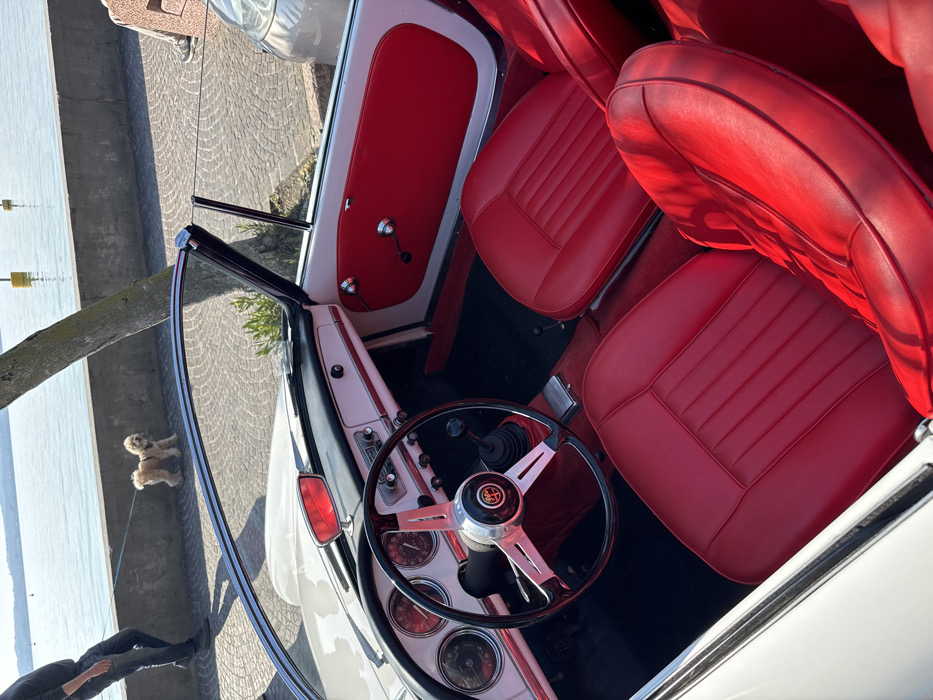 The image displays the interior and immediate surroundings of a white classic Alfa Romeo convertible, parked on a paved promenade beside a lake in Sirmione, Italy. The vehicle's interior features bright red leather seats, matching red door panels, a white dashboard housing a black instrument cluster with red-marked gauges, and a black three-spoke steering wheel with an Alfa Romeo emblem. A black gear shift knob is visible. The convertible top is down.
Beyond the car, a grey concrete retaining wall separates the promenade from a calm blue lake, in which two yellow buoys are floating. On the cobblestone-patterned promenade, a person wearing dark trousers and shoes is visible on the far left, walking a small, light-brown, curly-haired dog on a blue leash towards the left edge of the frame. Another individual, wearing light trousers and dark shoes, is partially visible seated on a textured, light-colored object on the far right. A tree trunk with some green foliage stands between the car and the lake. Strong sunlight indicates a clear day, casting defined shadows on the pavement. A portion of another light-colored vehicle is visible parked to the right of the convertible.