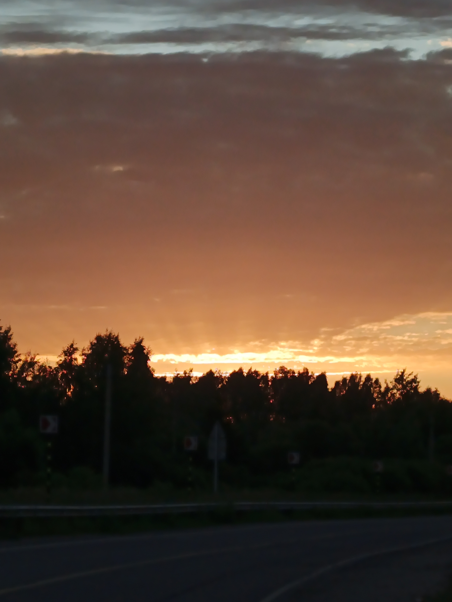 This image depicts a road in Voskresenskoye, Russia, during a sunset. The sky is filled with hues of orange, red, and grey clouds, with a bright band of light appearing near the horizon, suggesting the sun is setting. A dense line of dark trees runs horizontally across the middle of the image, silhouetted against the colorful sky. In the foreground, a paved road is visible with lane markings, and on the left side of the road, a road sign with a red arrow pointing to the left is partially illuminated. Another road sign, a white circular sign, is visible further to the right. The overall impression is one of a serene, natural landscape at dusk, with a touch of human infrastructure.