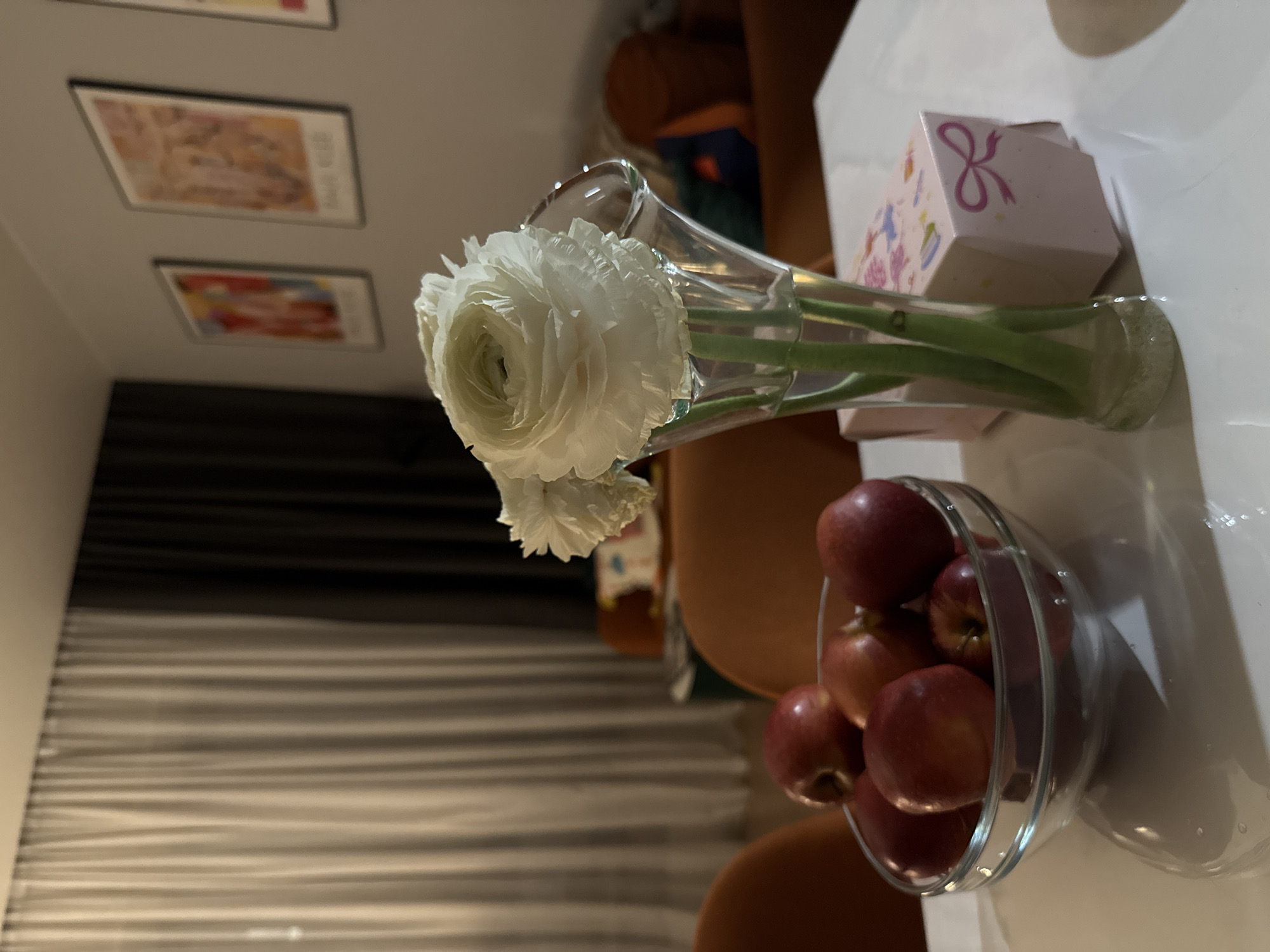 The scene is an interior setting, likely a dining or living area, as indicated by the presence of a table and chairs. The primary focus is on a table arrangement consisting of a glass vase holding white ranunculus flowers, a small decorative gift box with a bow design, and a glass bowl filled with red apples. The table appears to be white and reflective.
In the background, framed artworks hang on a wall, suggesting a domestic environment. Part of a brown sofa or chair is also visible. The presence of a curtain or window blinds is implied by the horizontal lines in the background.
The image does not provide any specific information to suggest that the location is in Moscow, Russia. Therefore, it's not possible to verify the location based solely on the given visual details.