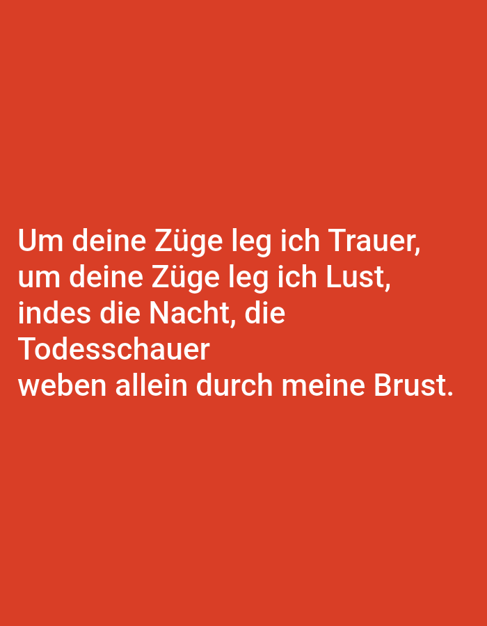 The image is a close-up shot of white text on a vibrant orange background. The text appears to be a poem or quote written in German. The text reads:
"Um deine Züge leg ich Trauer,
um deine Züge leg ich Lust,
indes die Nacht, die
Todesschauer
weben allein durch meine Brust."
There are no people, subjects, objects, actions, interactions, or environmental elements depicted in this image, other than the text itself. The location in Tallinn, Estonia is not discernible from the image content.