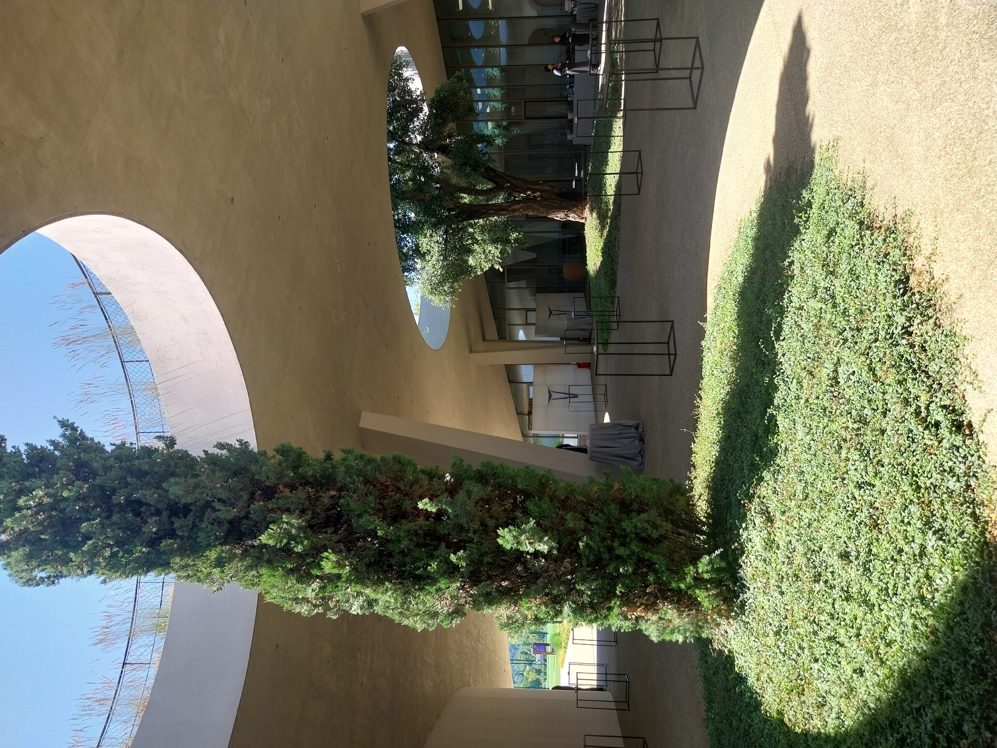 The image shows an outdoor courtyard with a large, lush green cypress tree in the foreground. The courtyard has a sand-colored ground and is partially covered by a curved, modern concrete overhang. In the background, there is a large, mature tree with spreading branches, and beyond that, a modern building with large glass windows. Several rectangular black display stands are scattered throughout the courtyard, some of which hold sculptures or decorative items covered by grey tablecloths. Two people, dressed in dark clothing, are visible near the building, possibly staff attending an event. The sky is clear and blue, suggesting a sunny day. The location is identified as the Isola dell'Arte at Caffè d'Arte Medici in Bagno a Ripoli, Italy.