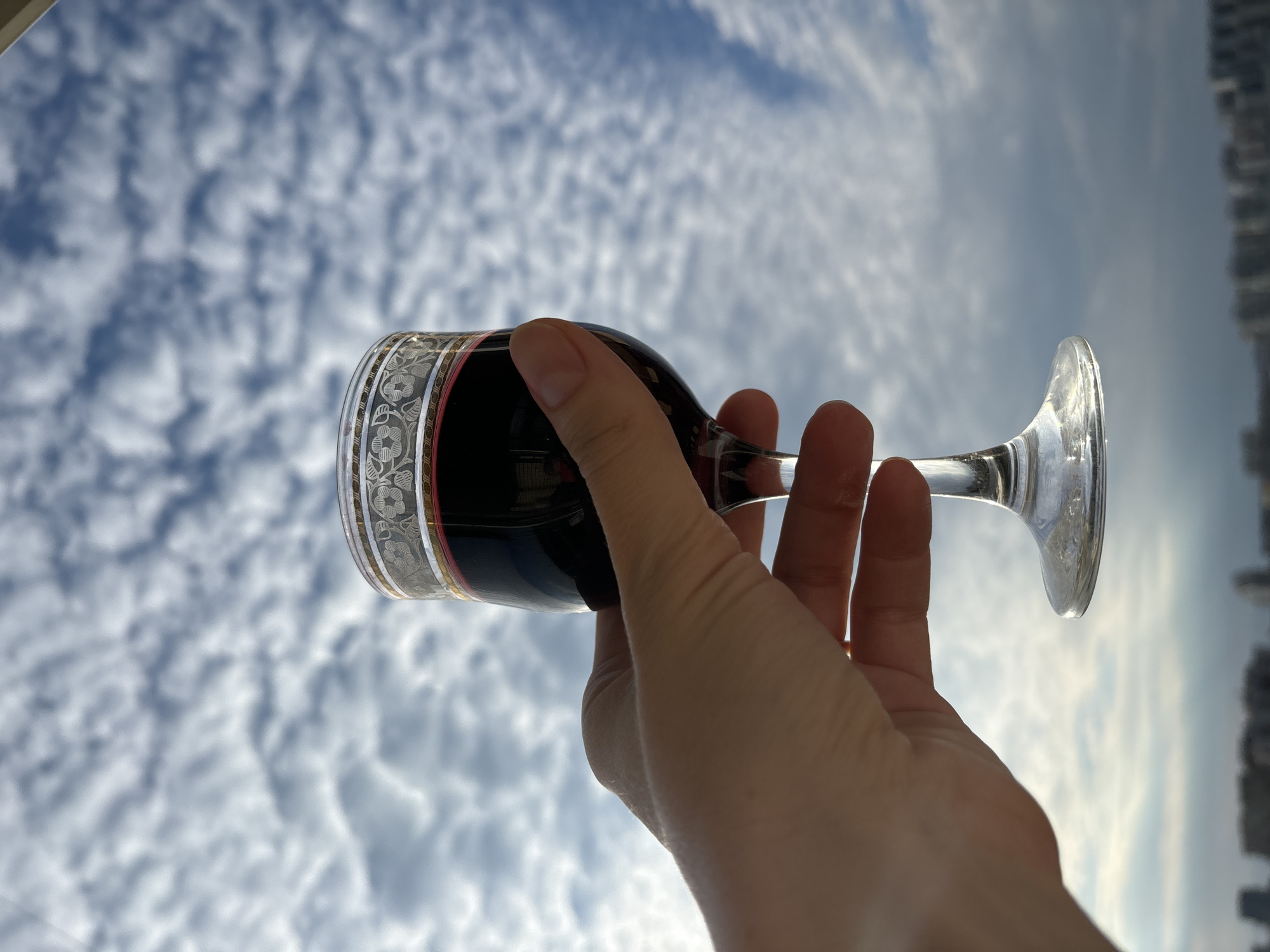 A close-up, waist-up, vertical shot shows a hand holding a stemmed wine glass filled with a dark red liquid, likely wine, against a background of a cloudy sky and a blurred cityscape. The hand is light-skinned and has its fingers curled around the stem and bowl of the glass. The glass has a decorative silver band with a floral pattern near the rim and a red band below it. The sky is filled with scattered, wispy white clouds against a blue backdrop. Below the sky, a blurred line of city buildings is visible on the horizon. The lighting suggests it is daytime, possibly late afternoon due to the angle of the light. The image is sharpest on the glass and the hand, with the background progressively more out of focus. There are no discernable identifying features of the location.