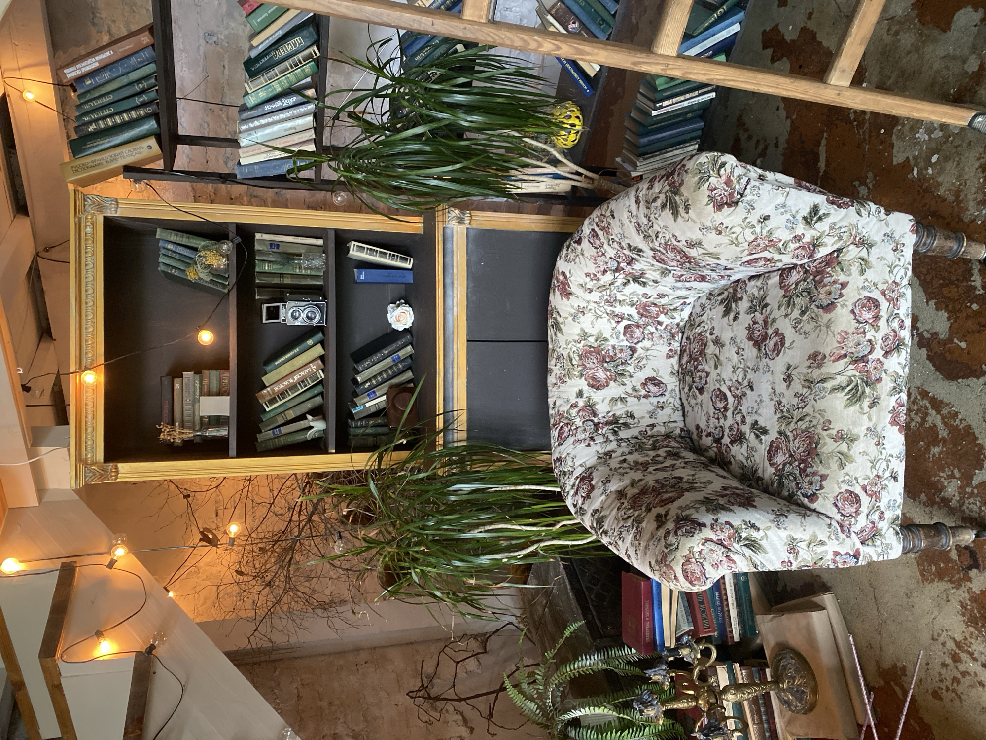 The image shows an interior setting that appears to be a room decorated with a vintage or antique style. There is a bookshelf in the background, framed with what looks like a gilded or gold-painted border. The shelves are filled with books and a few decorative items, and light bulbs, resembling fairy lights, are strung around the frame. To the right of the bookshelf, there is an armchair with a floral pattern upholstery, positioned on a floor with a mottled or worn appearance. Stacks of books are used as makeshift furniture, and a wooden ladder is visible above the armchair. A large plant with long green leaves is positioned near the bookcase and chair. Based on visual cues, I cannot verify the location in Yekaterinburg, Russia.