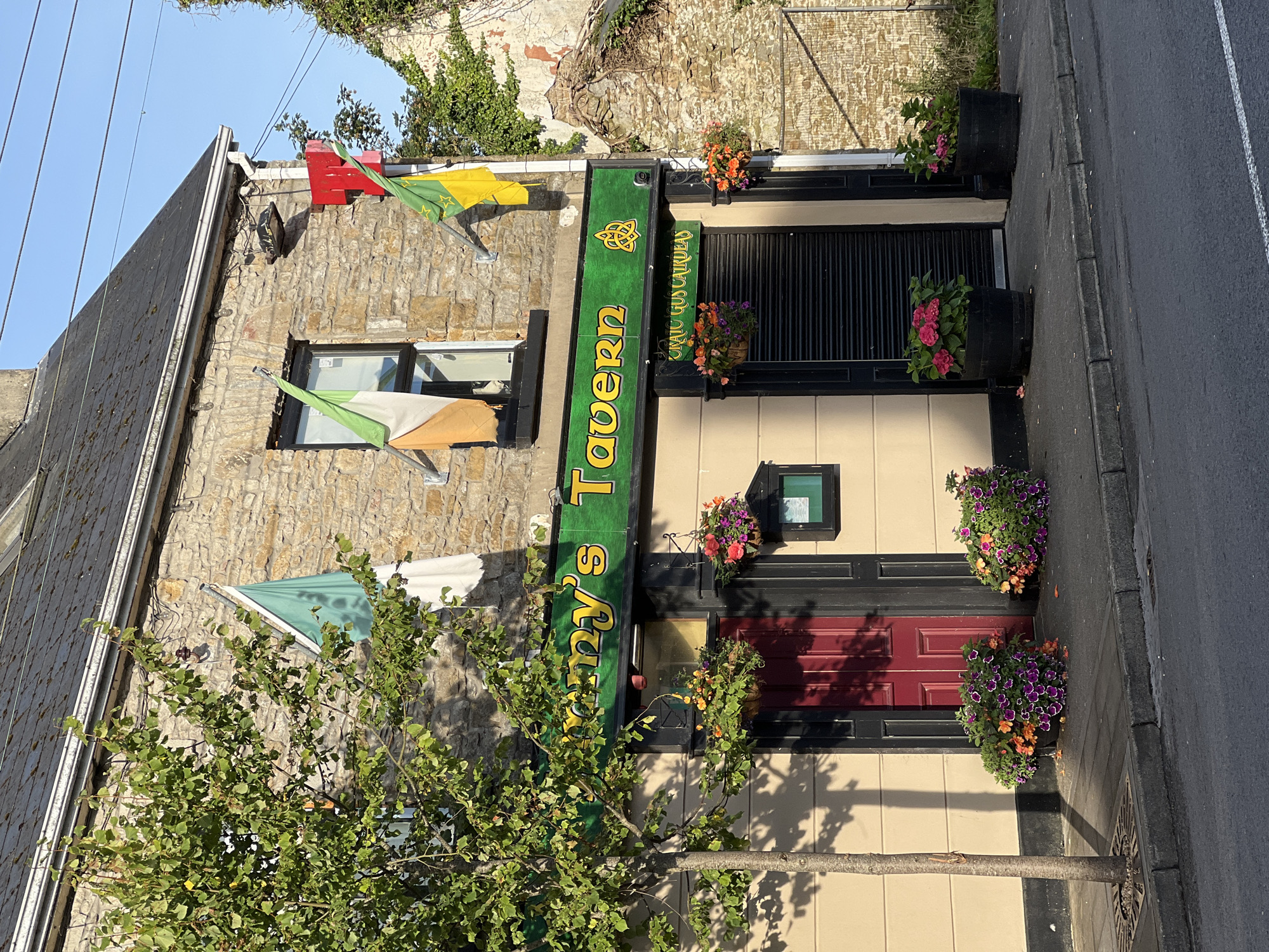 The image shows the exterior of "O'Dowd's Tavern" in Mountcharles, Ireland. The building is made of stone with a dark tiled roof. The tavern features a green sign with yellow lettering that reads "O'Dowd's Tavern" and an intricate knot symbol. Below the sign, there is a black rolling shutter and a red door. Two large black planters filled with pink and purple flowers flank the entrance. Another planter hangs above the red door, containing orange and purple flowers.
Several flags are displayed on the building: an Irish flag on the left, a green and white flag with an orange stripe to its right, and a yellow and green flag with a star pattern to the right of the window. A tree with green leaves stands to the left of the entrance, casting shadows on the building and the pavement. The scene is captured from a street-level perspective, showing the pavement and a road in the foreground. The sky is clear and blue, suggesting a bright, sunny day. The building to the right of the tavern appears partially ruined and overgrown with ivy.
