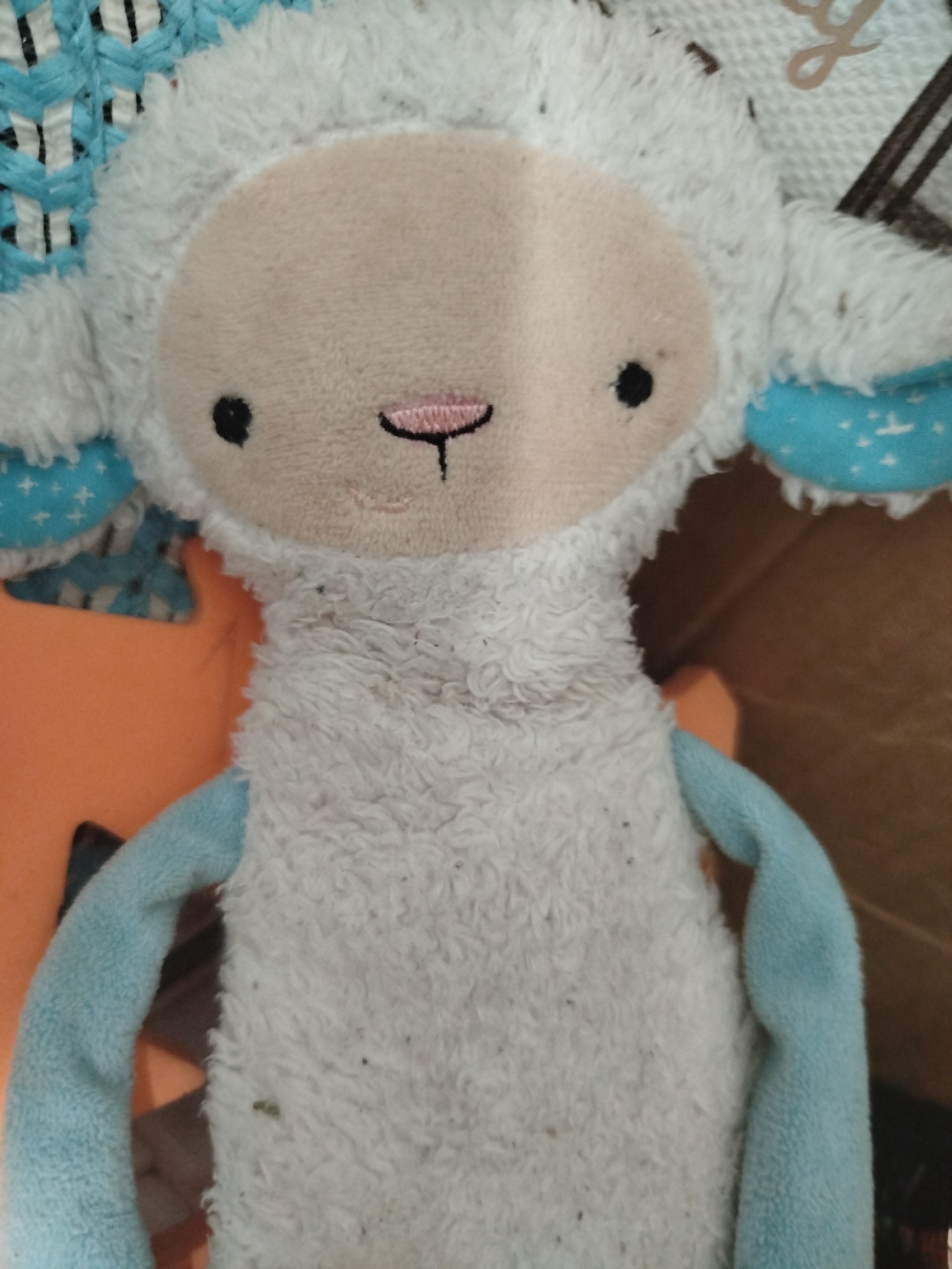 A close-up, top-down shot captures a fluffy white lamb stuffed animal with light pink stitched mouth and nose, and black button eyes. The lamb's ears are decorated with a light blue fabric featuring a white star pattern. Its arms are made of light blue fabric. The background is blurred, showing hints of orange and brown fabric. This image was taken in Kryvaselski Sel'ski Savet, Belarus.