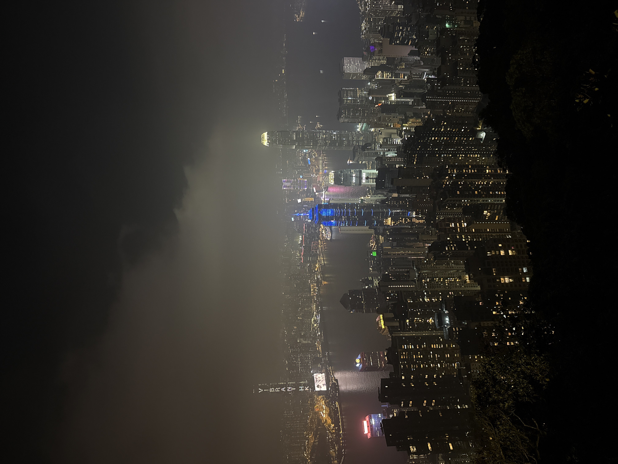 The image depicts a nighttime view of Hong Kong, China, likely from a high vantage point such as Victoria Peak. The city skyline is illuminated with numerous lights from skyscrapers and buildings. The view includes Victoria Harbour, with illuminated boats visible on the water. A layer of fog or smog partially obscures the distant parts of the city, particularly towards the left side of the image. The right side of the image shows dark foliage, suggesting the observation point is near vegetation.
