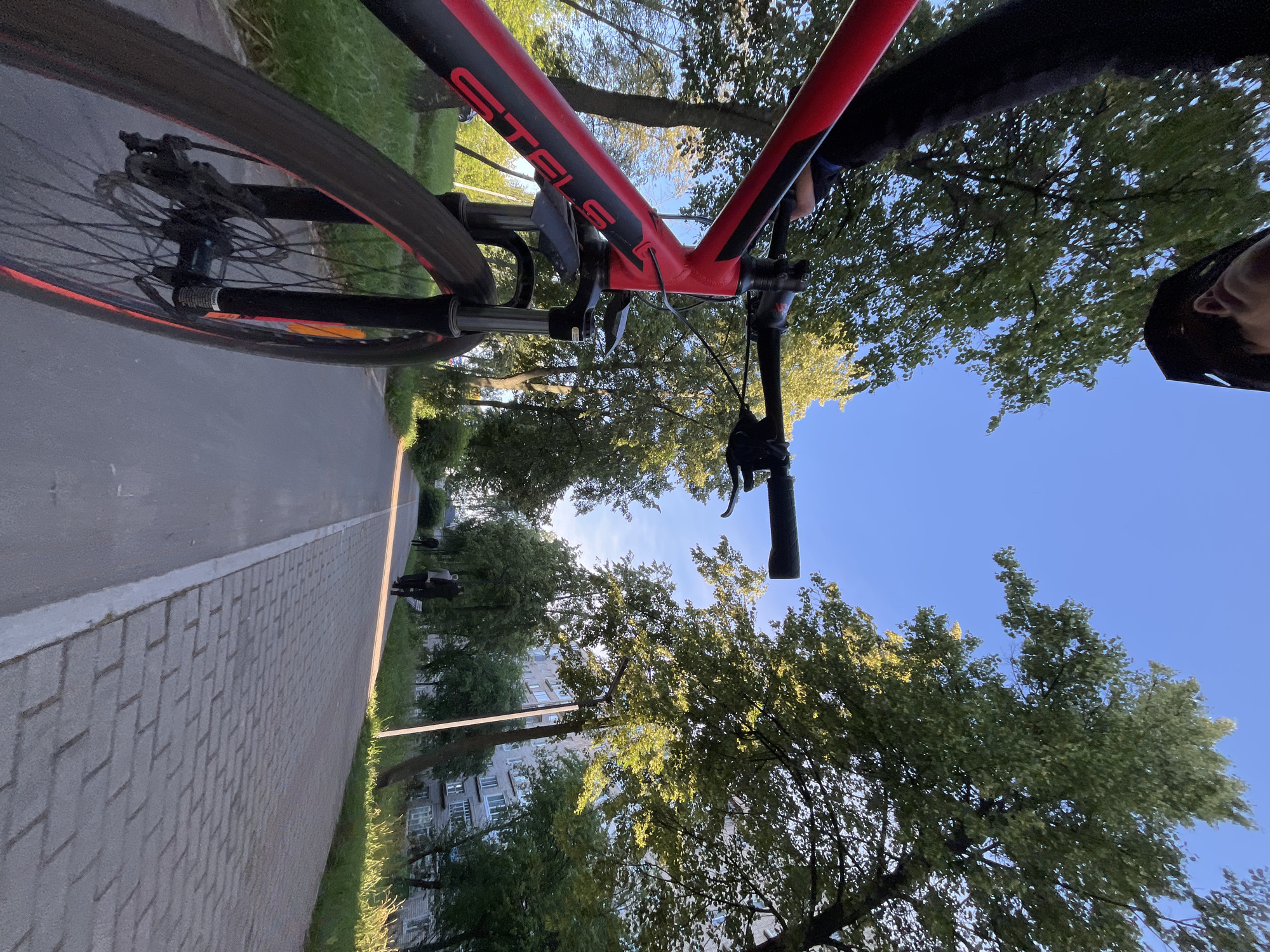 The image is a first-person perspective shot from a bicycle on a paved path. The bicycle, a red and black Stels model, is prominent in the foreground, with its front wheel and handlebars clearly visible. The path is flanked by lush green trees on the left and a sidewalk made of interlocking pavers on the right. In the background, several people can be seen walking along the path, and a multi-story apartment building is visible behind the trees. The sky is a clear blue, suggesting a sunny day. The presence of trees, a paved path, and apartment buildings indicates an urban or suburban park or residential area. The scene is likely located in the city of Chaikovsky, Russia, given the information provided.