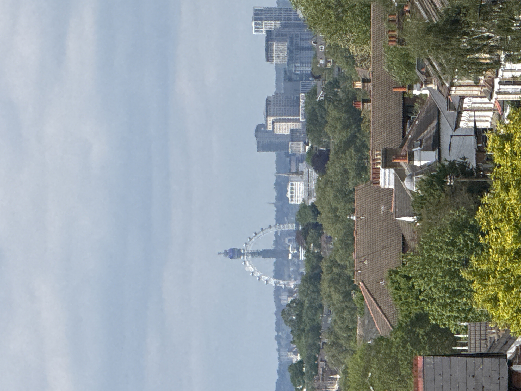 The image shows a cityscape of London, United Kingdom. The London Eye is visible in the distance. Buildings and trees line the foreground and the cityscape, which is on the right, while the left side of the image depicts the sky.