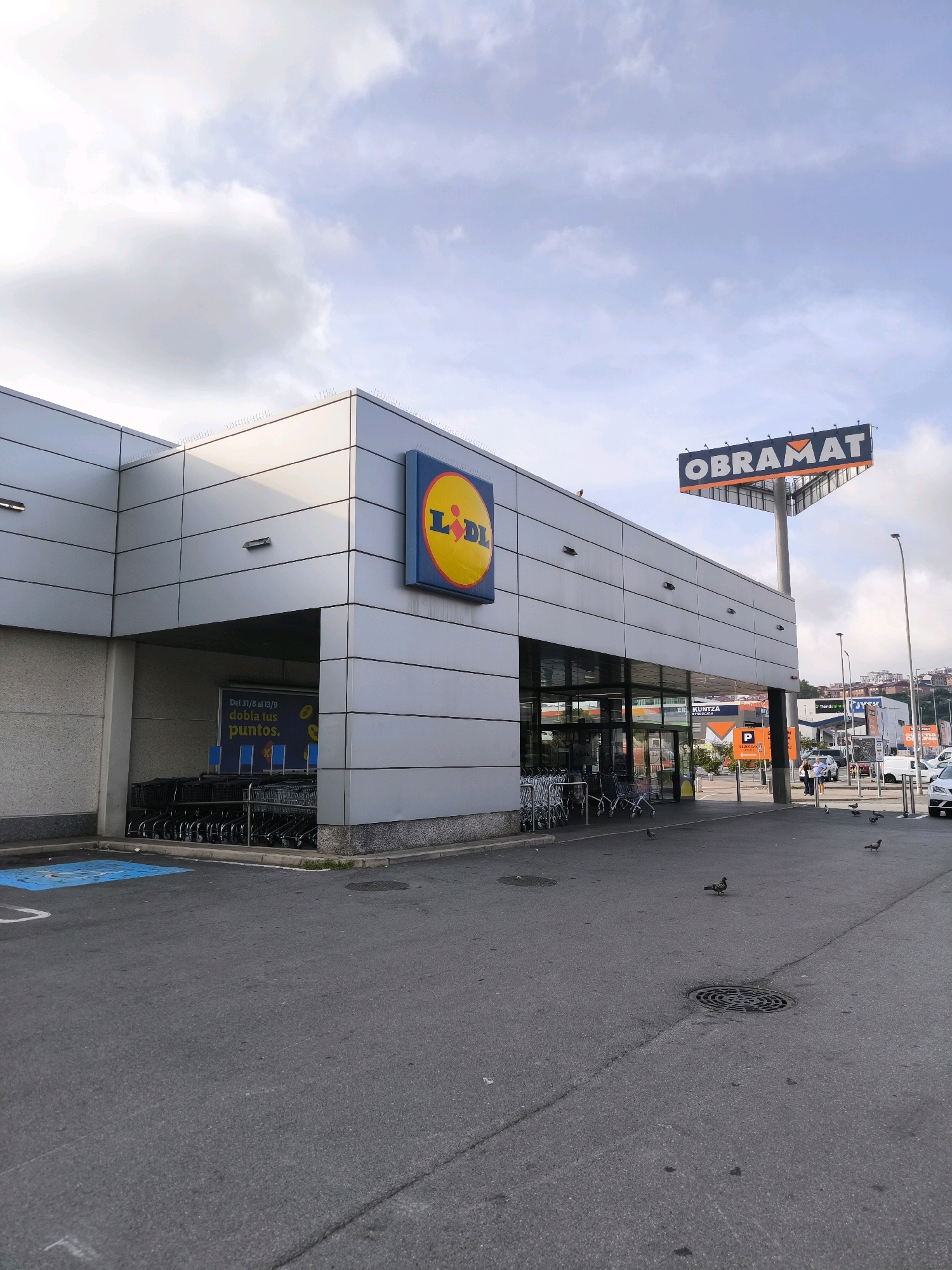 This is an exterior, eye-level, slightly low-angle, wide shot of a Lidl supermarket and a larger Obramat store in Sestao, Spain. The Lidl store is on the left, with its distinctive yellow and blue circular logo visible. A row of shopping carts is parked under an overhang in front of the entrance. To the right, a large sign for Obramat is mounted on a tall pole. The sky is overcast with a mix of blue sky and white clouds. Pigeons are scattered on the asphalt ground in front of the stores. In the background, there are other businesses and buildings, including a pharmacy and a building that appears to be residential, situated on a hill. A white van and a car are parked in the foreground, near the Obramat entrance.