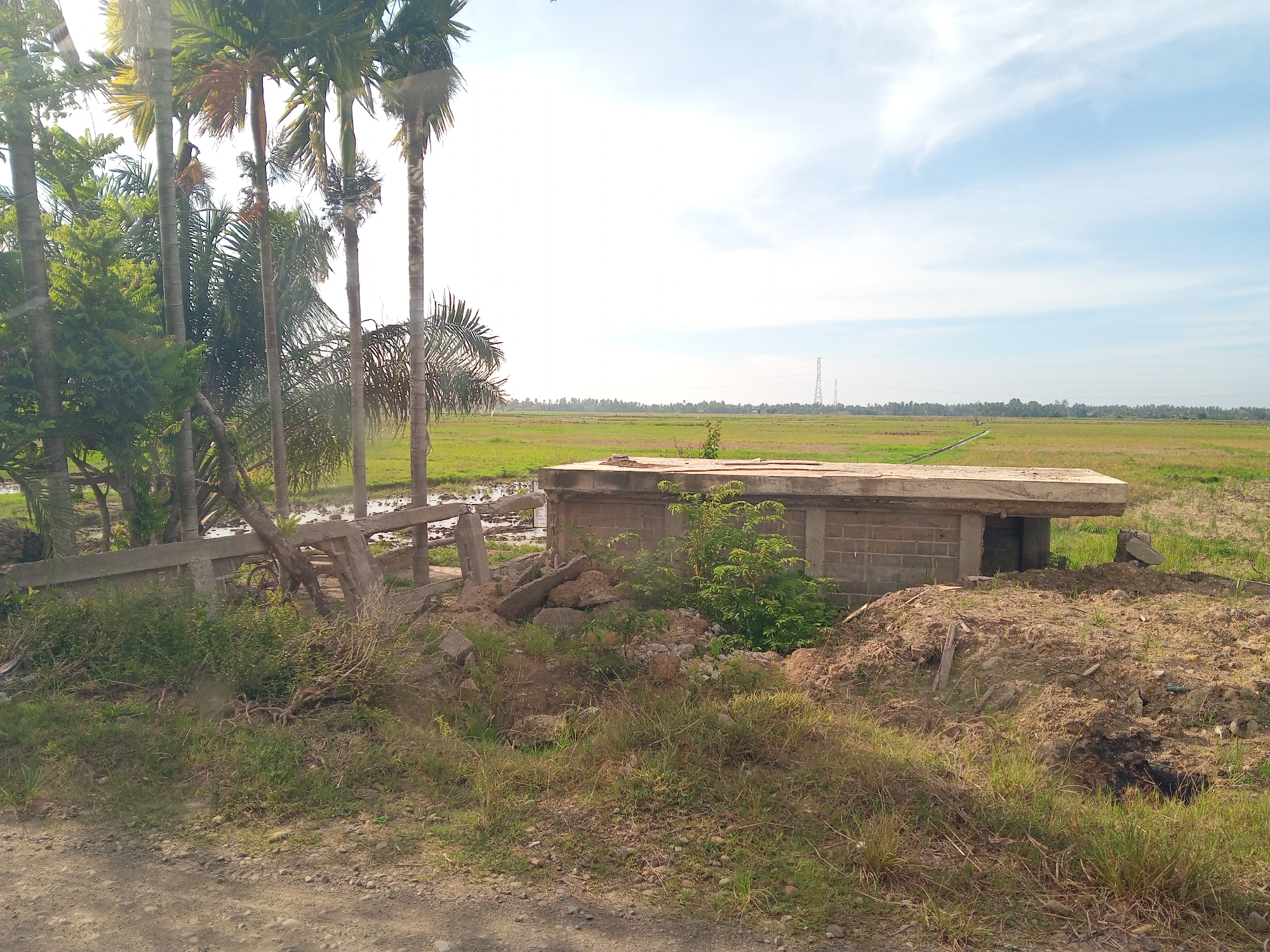 This image captures a rural landscape in Tumpokbeurandang, Indonesia, under a bright, partly cloudy sky. The foreground features a dirt and gravel path with sparse green grass. To the right, a partially constructed or dilapidated single-story concrete block structure with a flat concrete roof stands atop a mound of earth and rubble. Small green foliage grows around this structure and on the surrounding earth piles.
In the midground, a cluster of tall palm trees and dense green vegetation occupies the left side. Adjacent to these trees, a broken or unfinished concrete bridge or culvert spans a waterlogged area, possibly a small canal or ditch. The midground extensively features flat, green fields, characteristic of rice paddies, some showing standing water. A narrow dirt track or path runs through these fields, disappearing into the distance.
The background reveals a continuation of the green fields stretching to a distant treeline. Two prominent, tall, latticework metal towers, likely transmission or communication structures, are visible against the horizon. No people are present in the scene.