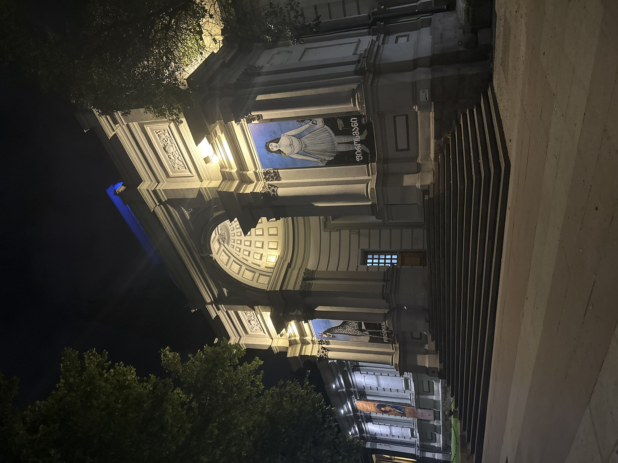 At night, the Art Palace of Georgia - State Museum of Theatre, Music, Cinema and Choreography, located in Tbilisi, is lit up. The building’s architecture is visible, including its dome, pillars, and arches. Posters with images of people are displayed on the building's exterior. Stairs lead up to the entrance. Trees surround the building.