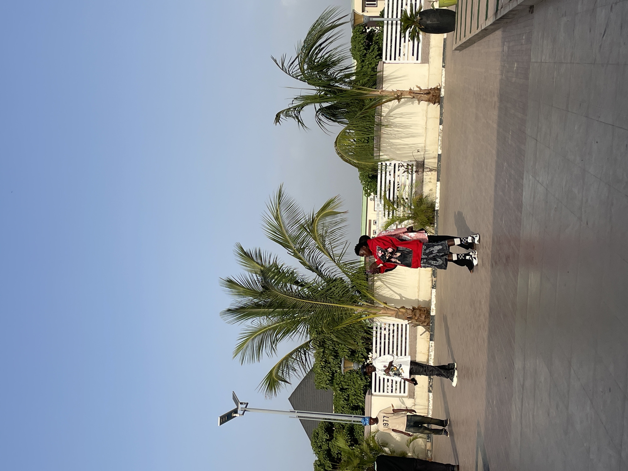 The image depicts an outdoor scene in Bar Jirgi Summa, Nigeria, under a clear, blue sky. Two palm trees stand in the foreground, casting shadows on a tiled or paved area. A group of people are present. Two individuals are wearing casual attire, including a red shirt and patterned shorts, while another is wearing a white shirt and black pants. Other people are also visible, with one wearing a t-shirt displaying the number "1977." A solar-powered street light is also present, along with a white fence and greenery in the background. The scene is brightly lit, suggesting a sunny day.