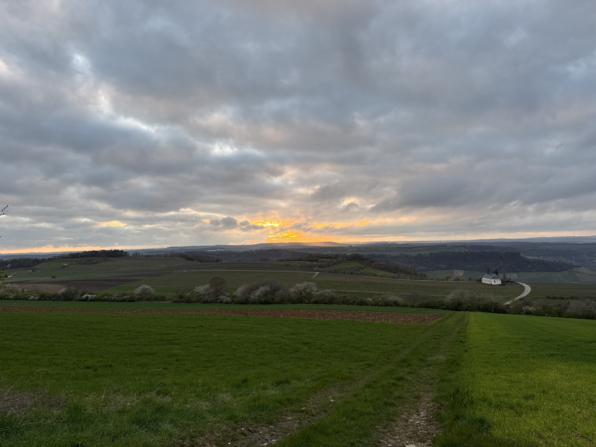 The image shows a landscape under a cloudy sky with a visible sunset. In the foreground, there is a field of green grass. A dirt path runs through the field, leading towards the middle ground. In the middle ground, there are cultivated fields, trees, and what appears to be a small building or structure with a white exterior. The background consists of rolling hills and the horizon with the setting sun visible through a break in the clouds. The location is unknown.