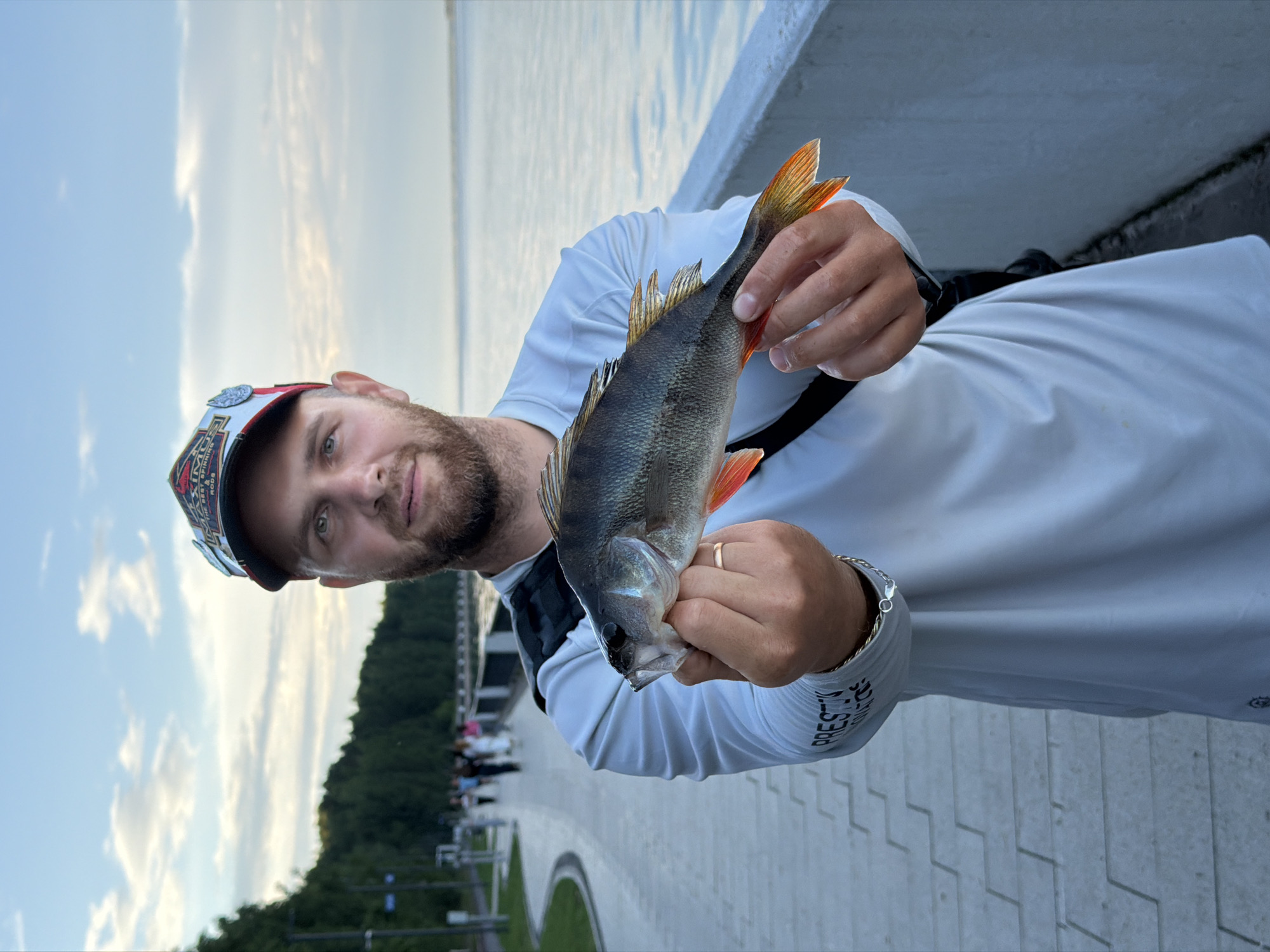 A man stands on a paved embankment, holding a freshly caught fish. He wears a white long-sleeved shirt, a baseball cap, and a cross-body bag. The fish, a perch, is held horizontally with its head facing left. In the background, a body of water stretches to the horizon under a cloudy sky. To the left of the man, a pathway lined with trees and people walking can be seen. The man is positioned in front of a low concrete barrier. The setting appears to be the embankment of the Kama River in Chaikovsky, Russia, likely during the late afternoon or early evening.