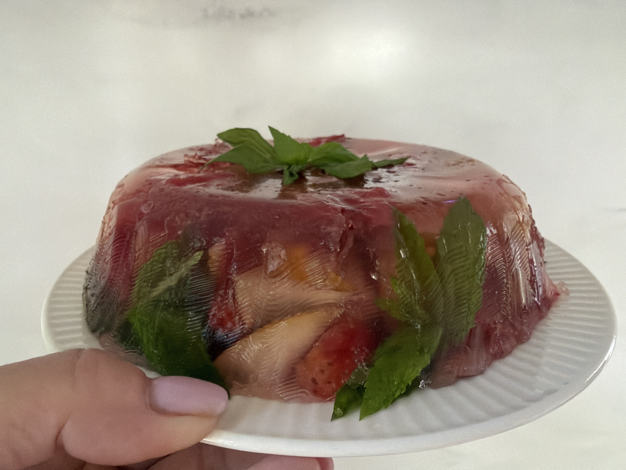 A hand with pale pink nail polish holds a white plate with a dome-shaped gelatin dessert. The dessert is clear and contains various fruits such as strawberries, possibly peaches, and other red and yellow pieces. Green leaves, likely mint or basil, are embedded in the gelatin. The background is a plain white surface. The image does not contain any elements that would allow for identification of a specific location in Steklyannyi, Russia.