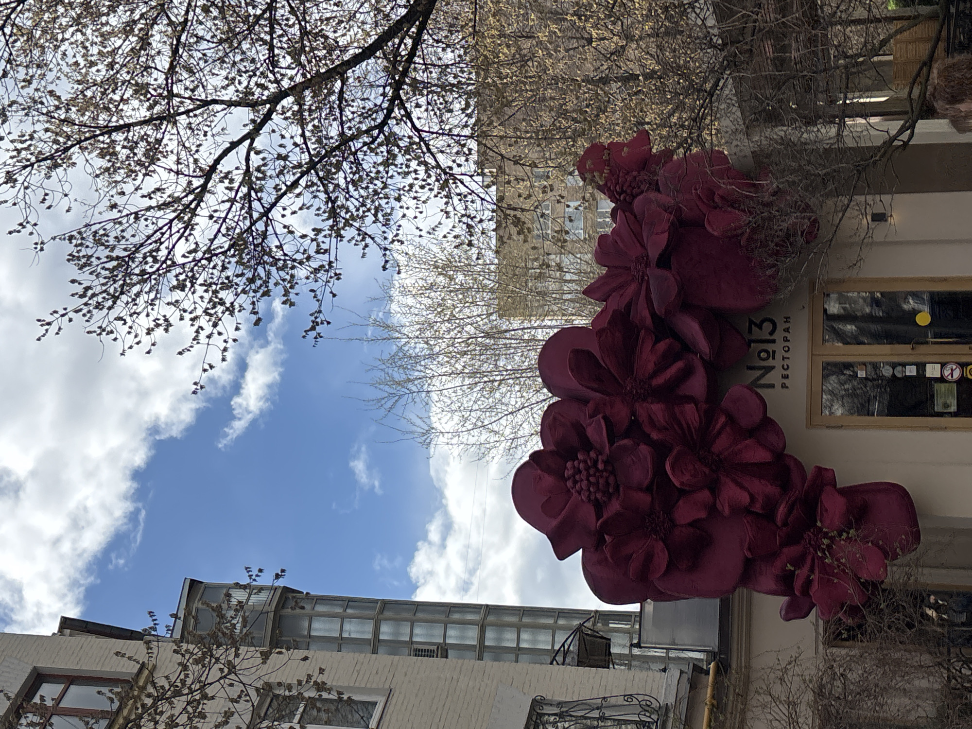A low-angle shot reveals a building facade adorned with oversized, deep red flower decorations on the right side. A sign with the number "No. 13" and the Russian word "Pectopan" (Restaurant) is visible on the building. The sky is a vibrant blue with scattered white clouds. Branches of a bare tree reach across the upper left portion of the frame, with another tree in the background. The architecture includes a building with a glass-covered section. The location is Moscow, Russia.