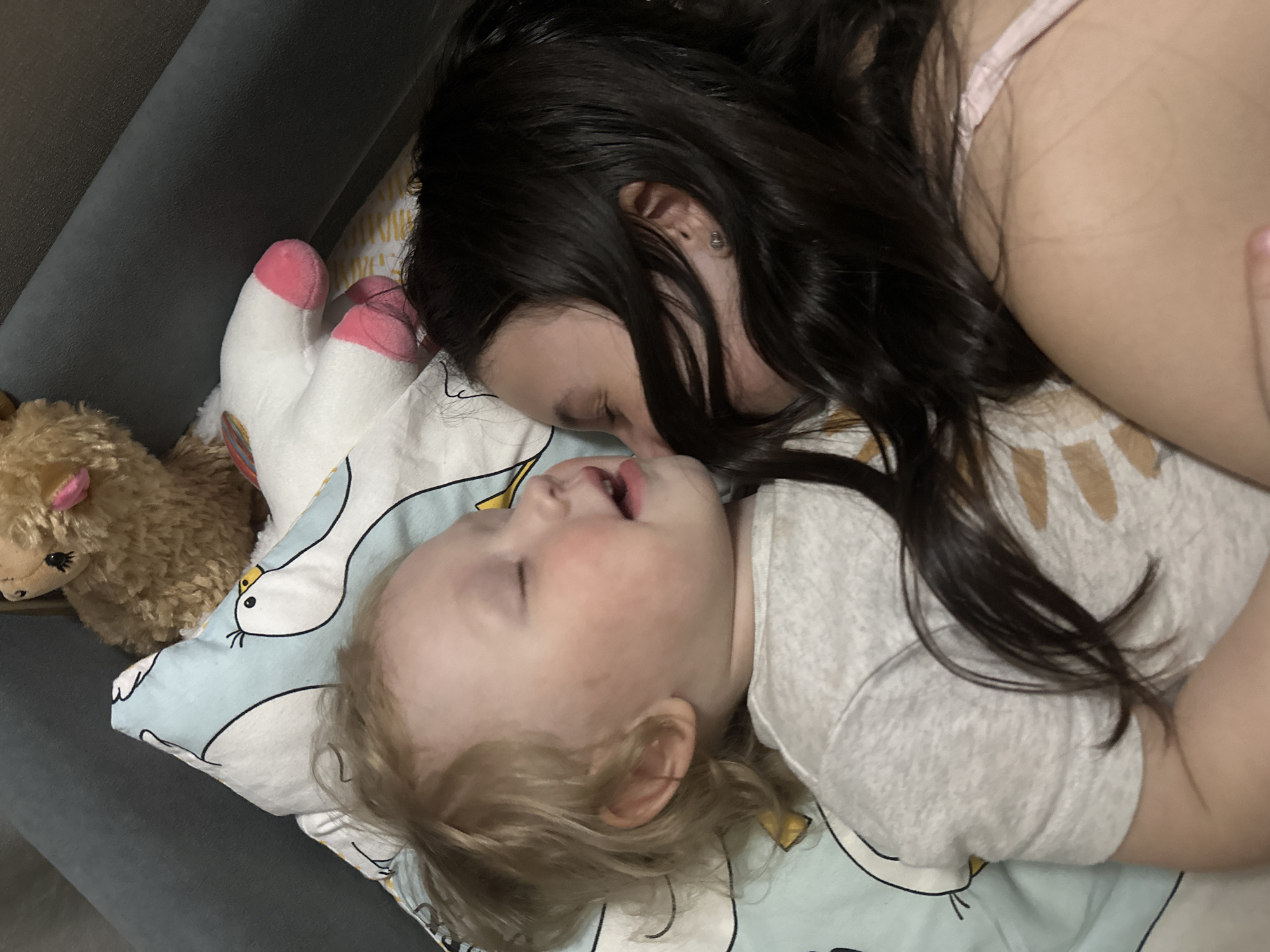 Two individuals are lying down on a patterned pillow. One individual has long dark hair, while the other has blond hair. A stuffed llama and a unicorn plush toy are also visible on the pillow. The location is not discernible from the image and cannot be determined to be Votkinsk, Russia.