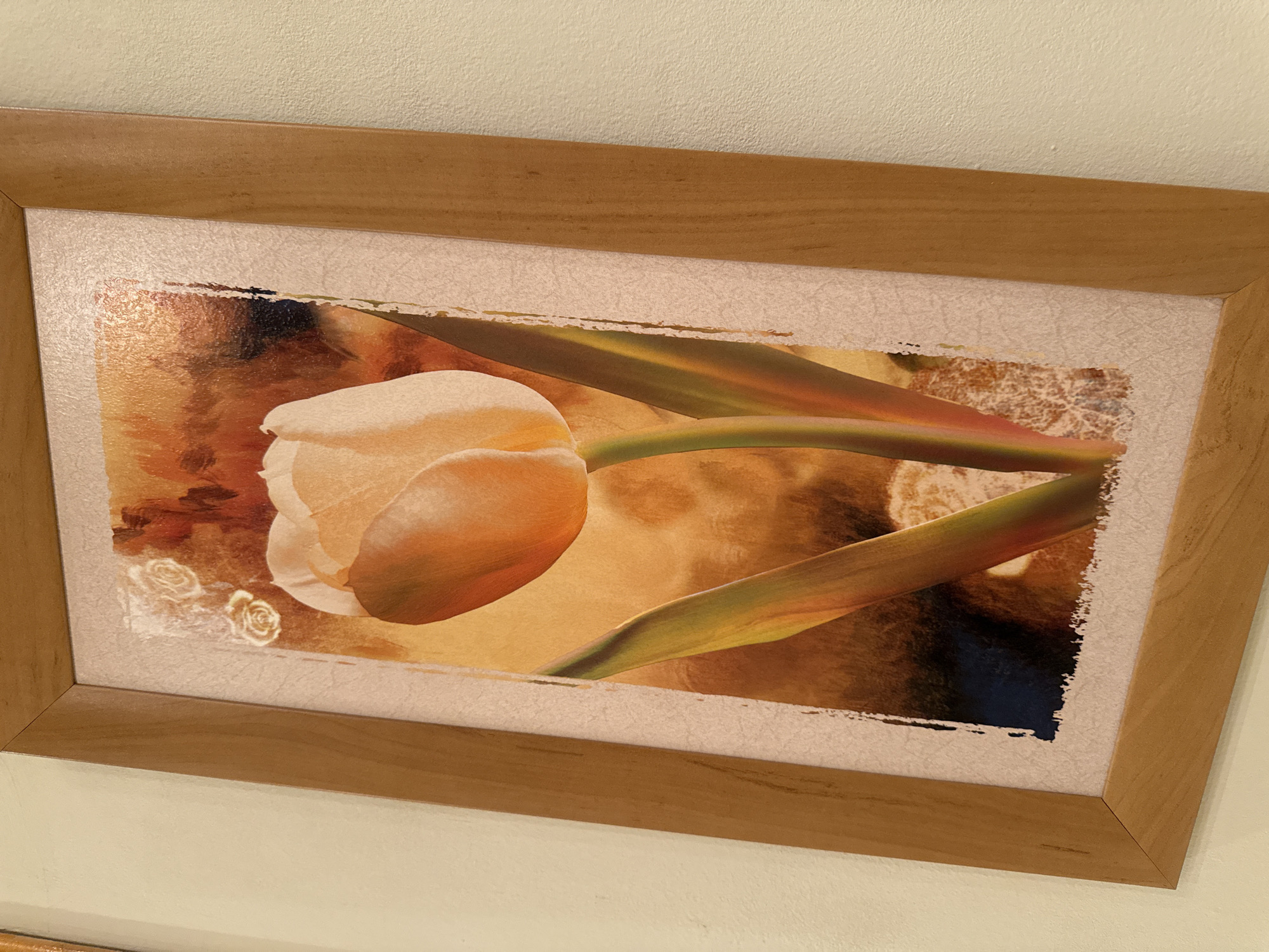 This is a close-up, eye-level shot of a framed picture hanging on a cream-colored, textured wall. The picture itself depicts a stylized, impressionistic painting of a single peach-colored tulip with two green leaves. The background of the painting is abstract, with swirling shades of orange, brown, and a dark blue. Faint white rose motifs are visible in the upper left quadrant of the artwork. The frame is made of light-colored wood with a visible grain. The perspective is angled, with the bottom left corner of the frame closest to the viewer. The image does not provide any identifiable landmarks or context to determine its location within Targovishte, Bulgaria.