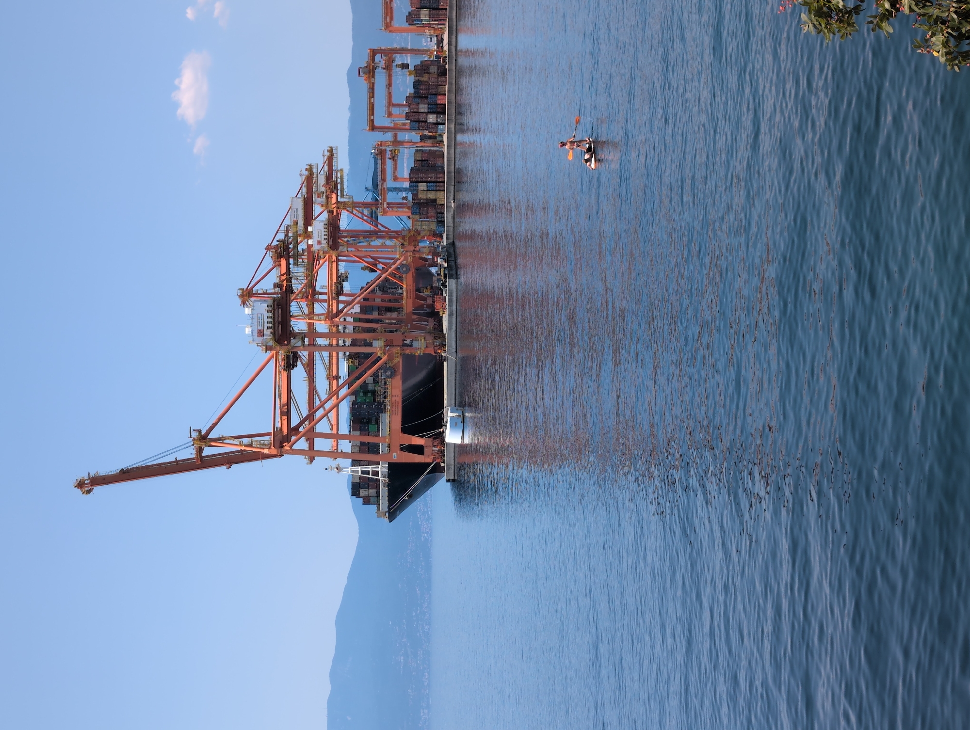 In the city of Rijeka, Croatia, a large cargo ship is docked at a port, dwarfed by towering orange cranes. The ship is laden with shipping containers, stacked high and extending across its deck. In the foreground, a person on a paddleboard navigates the calm blue water, holding a paddle. The backdrop features a hazy mountain range under a clear blue sky with a few wispy clouds. The scene captures a juxtaposition of industrial activity and recreational use of the waterfront.