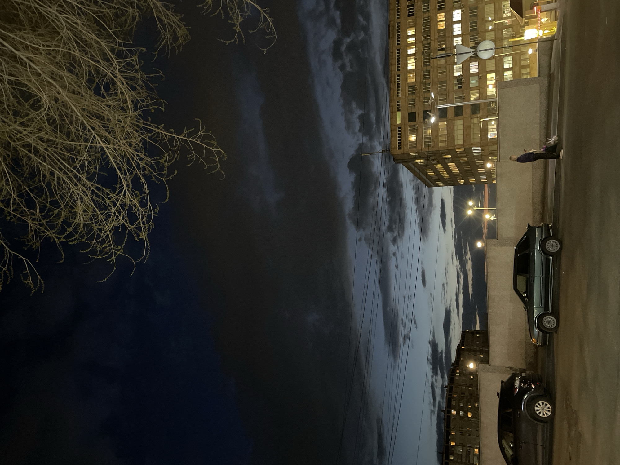 The image depicts a nighttime scene in Yerevan, Armenia. A multi-story building with illuminated windows stands prominently in the background. Two cars are parked along the right edge of the frame. A person stands near the building. Bare tree branches are visible in the upper left corner. The sky is cloudy. Utility wires stretch across the scene.