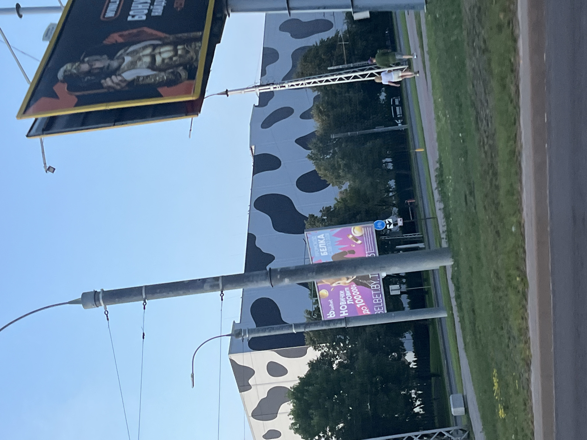 The image depicts an outdoor scene in Brest, Belarus, during daylight. The primary subject is a large building with a distinctive black and white cow-spot pattern on its facade. In the foreground, a street with a sidewalk and green grass is visible. Several utility poles with wires traverse the scene. A large billboard advertising "WINLINE" and "БОНУС НАЙДИ" with an image of a warrior is positioned on the right side of the frame. To the left of the cow-spotted building, two smaller billboards are displayed; one advertises "belbet" and mentions "НОВИЧКОМ ЛОВИТЕ ДО 100000" with an image of what appears to be a deer or rabbit. The other smaller billboard to its right has text that includes "ПРОМОКОД БЕЛКА". Two individuals, a man and a woman, are walking away from the camera on the sidewalk. The man is wearing a green shirt and shorts, and the woman is wearing a white shirt and shorts. The sky is clear and blue.
