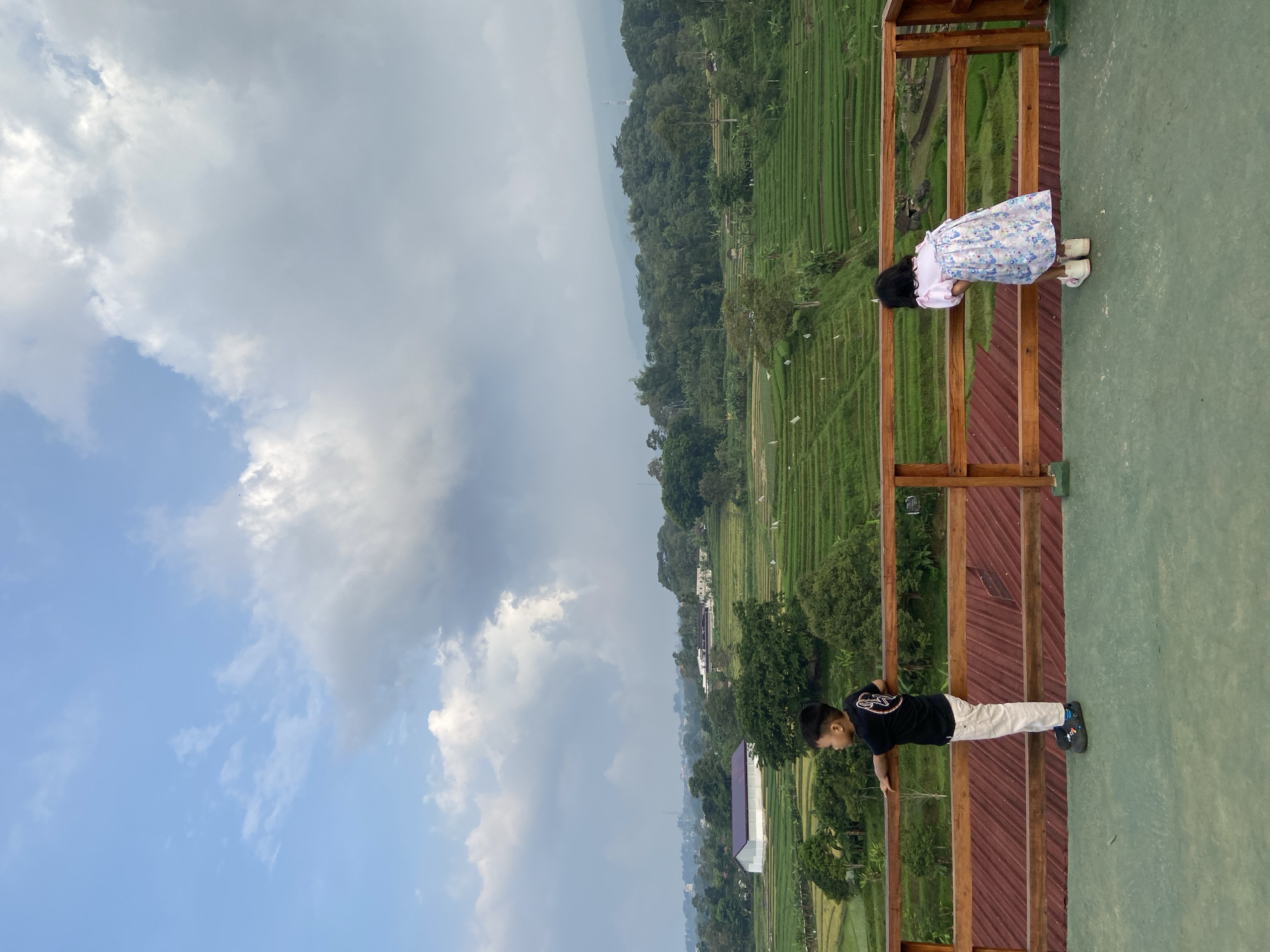 Two children are positioned on a wooden platform overlooking terraced rice fields in Tamiajeng, Indonesia. The girl, wearing a white and floral dress, is leaning over the railing. The boy, clad in a black t-shirt and light-colored pants, stands at the railing, also observing the view. The backdrop features rice terraces, trees, and a cloudy sky.