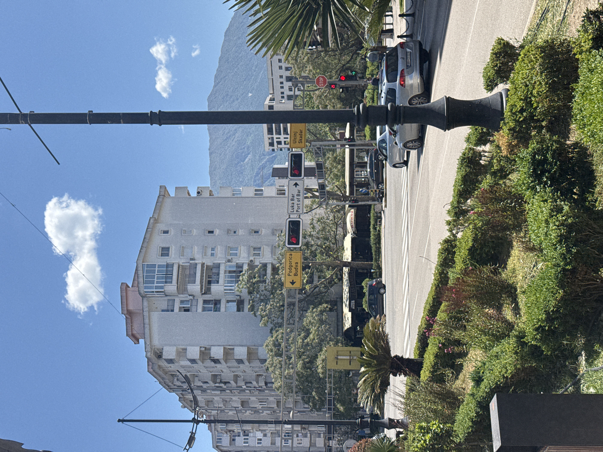 The image shows a street scene in Šušanj, Montenegro. The view is captured from street level. A tall, multi-story building dominates the left side of the image. Overhead power lines are visible in the sky. In the distance, a mountain range is seen. Street signs point towards "Ulcinj Skadar" and "Luka Bar Port of Bar." A traffic light shows red. Vehicles, including cars, are on the road. A pole and lush green bushes and trees are along the street edge.