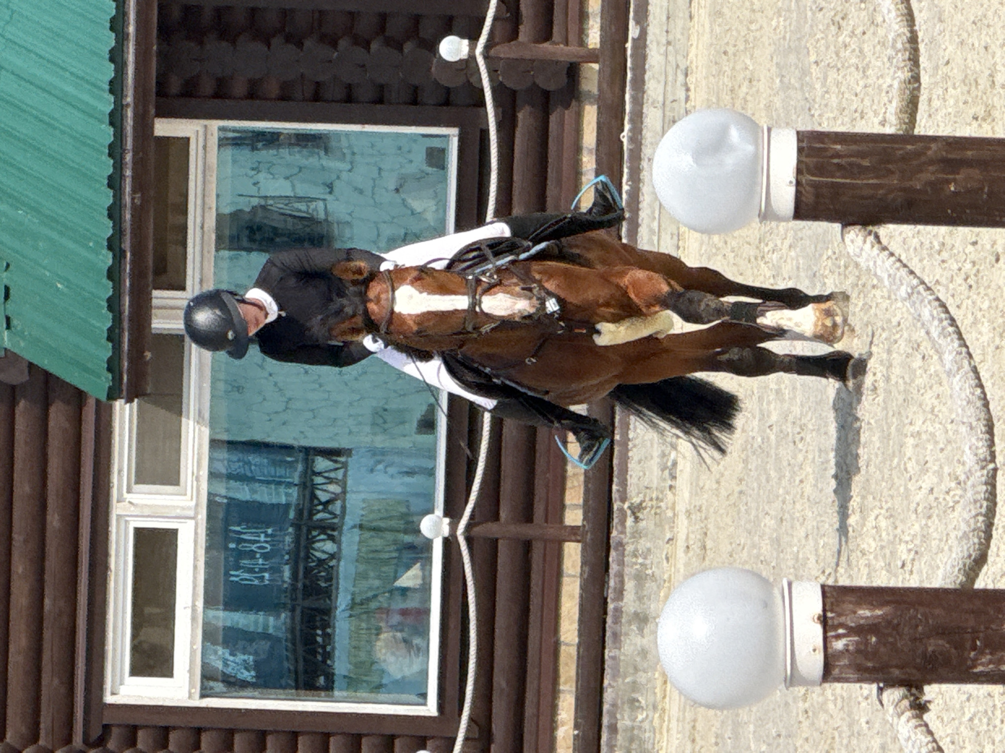 In the city of Ferma, Russia, on a sunny day, a person wearing a black equestrian outfit and a black helmet is riding a brown horse with a white blaze on its face. The horse is in motion, with its front legs lifted. The scene takes place on a sandy arena with wooden fencing and a building in the background. The building has dark brown wooden walls and a green roof. There are windows on the building, and a reflection of some signage, possibly Russian letters, is visible in one of the windows. Two decorative posts with white spherical lights are in the foreground, and a rope barrier separates the arena from another area. The overall setting suggests an equestrian event or training session at a farm or stable.