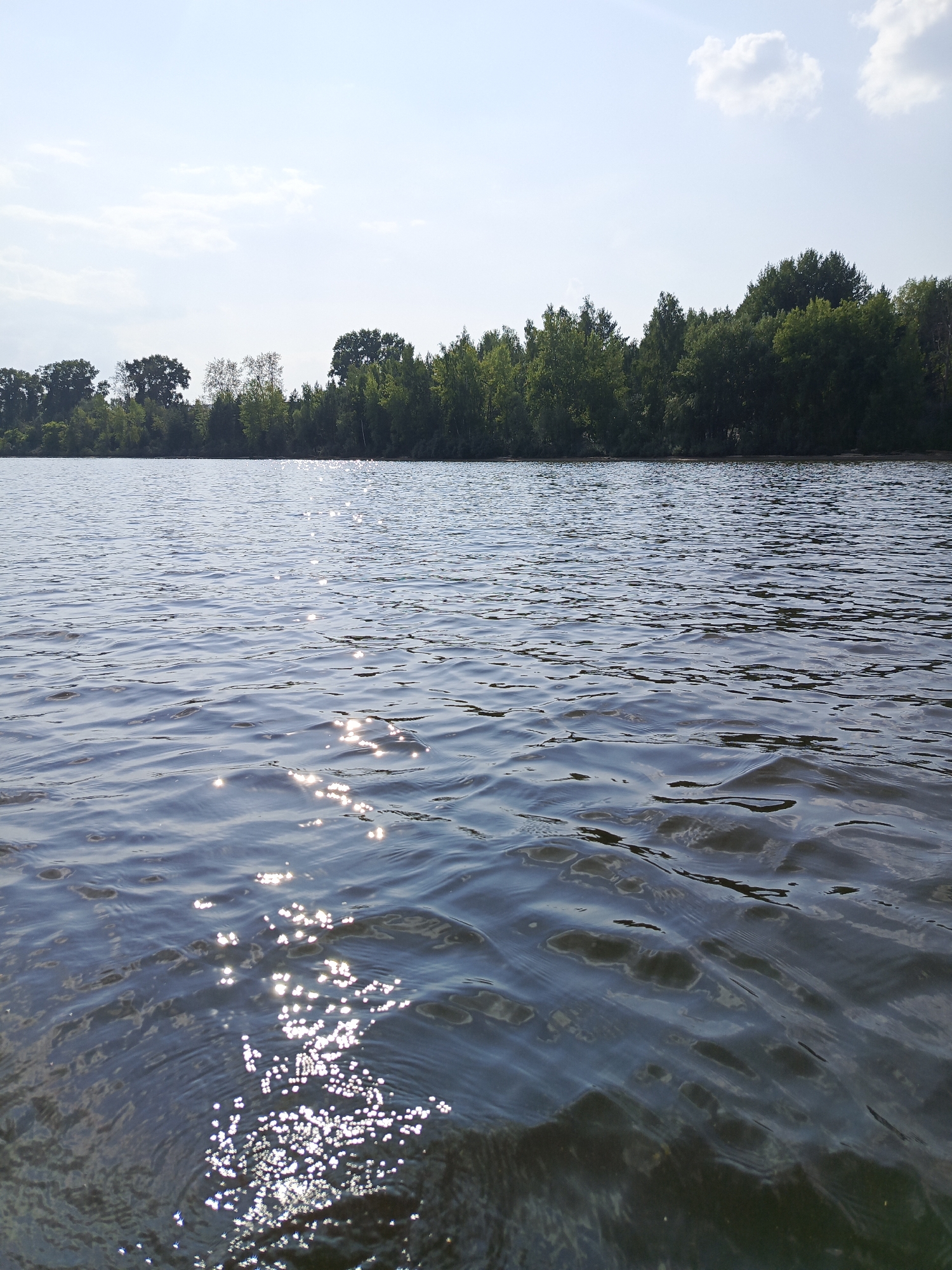 The image shows a body of water with ripples and reflections of sunlight. In the background, there is a line of trees and a sky with some clouds. The location is identified as Noviy, Russia. There are no people, animals, or man-made structures visible in the image. The scene appears to be a natural landscape, likely a lake or river, on a sunny day.