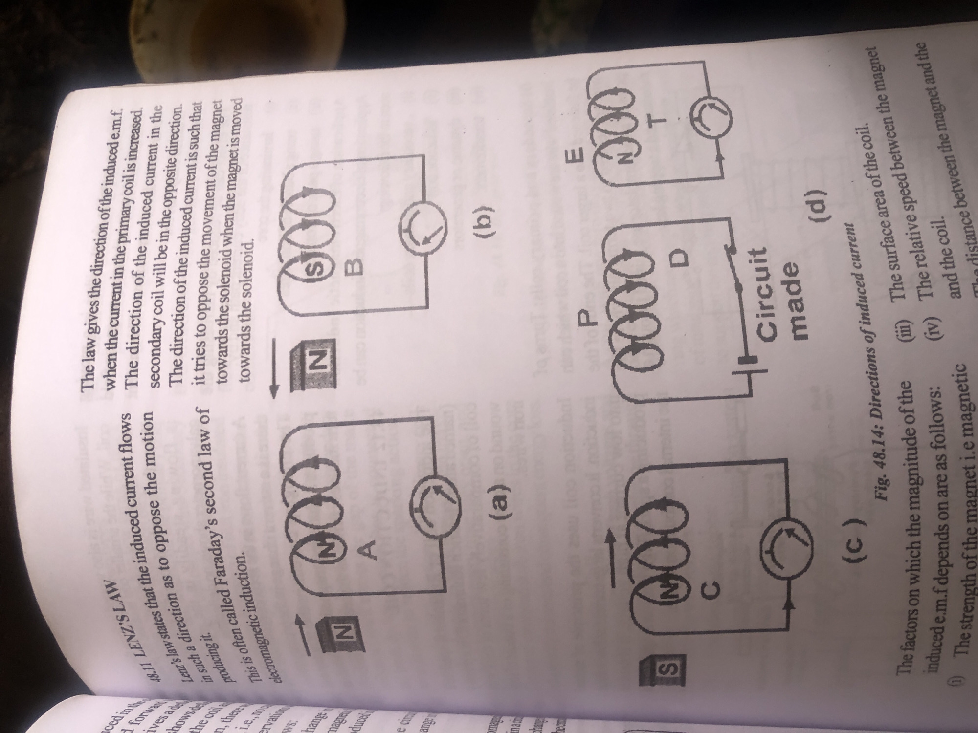 The image shows an open textbook with text and diagrams related to Lenz's Law and electromagnetic induction. The left page has the heading "48.11 LENZ'S LAW" and explains that Lenz's law states that an induced current flows in a direction that opposes the motion producing it, and this is also called Faraday's second law of electromagnetic induction. Below the text are three diagrams labeled (a), (b), and (c), each showing a coil of wire connected to a galvanometer, with a magnet represented by its poles (N for North, S for South) being moved towards or away from the coil. The right page contains further explanation of the law, discussing the direction of induced electromotive force (e.m.f.) when the current in a primary coil increases, causing the induced current in a secondary coil to be in the opposite direction. It also describes how the direction of induced current opposes the movement of a magnet towards or away from a solenoid. Below this text is a diagram labeled (d) showing two coils. The bottom of the image has text describing factors affecting the magnitude of induced e.m.f., including the strength of the magnet and the surface area and relative speed of the coil.
There is no information in the image that would allow for the identification of a location in Jalingo, Nigeria. The image is solely of a textbook page.