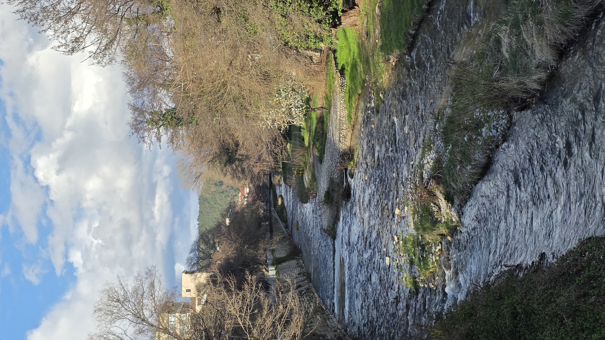 The image depicts a river flowing through a park or urban area, possibly in Blagoevgrad, Bulgaria, though specific confirmation without location details is difficult. The river has stone or concrete banks on either side with some grassy areas. The water appears to be flowing at a moderate pace, possibly having small rapids. On the left side of the river, there is a tree and the roof of buildings are visible, while the background reveals a hill covered in trees. The sky is partially visible with blue patches and white clouds.