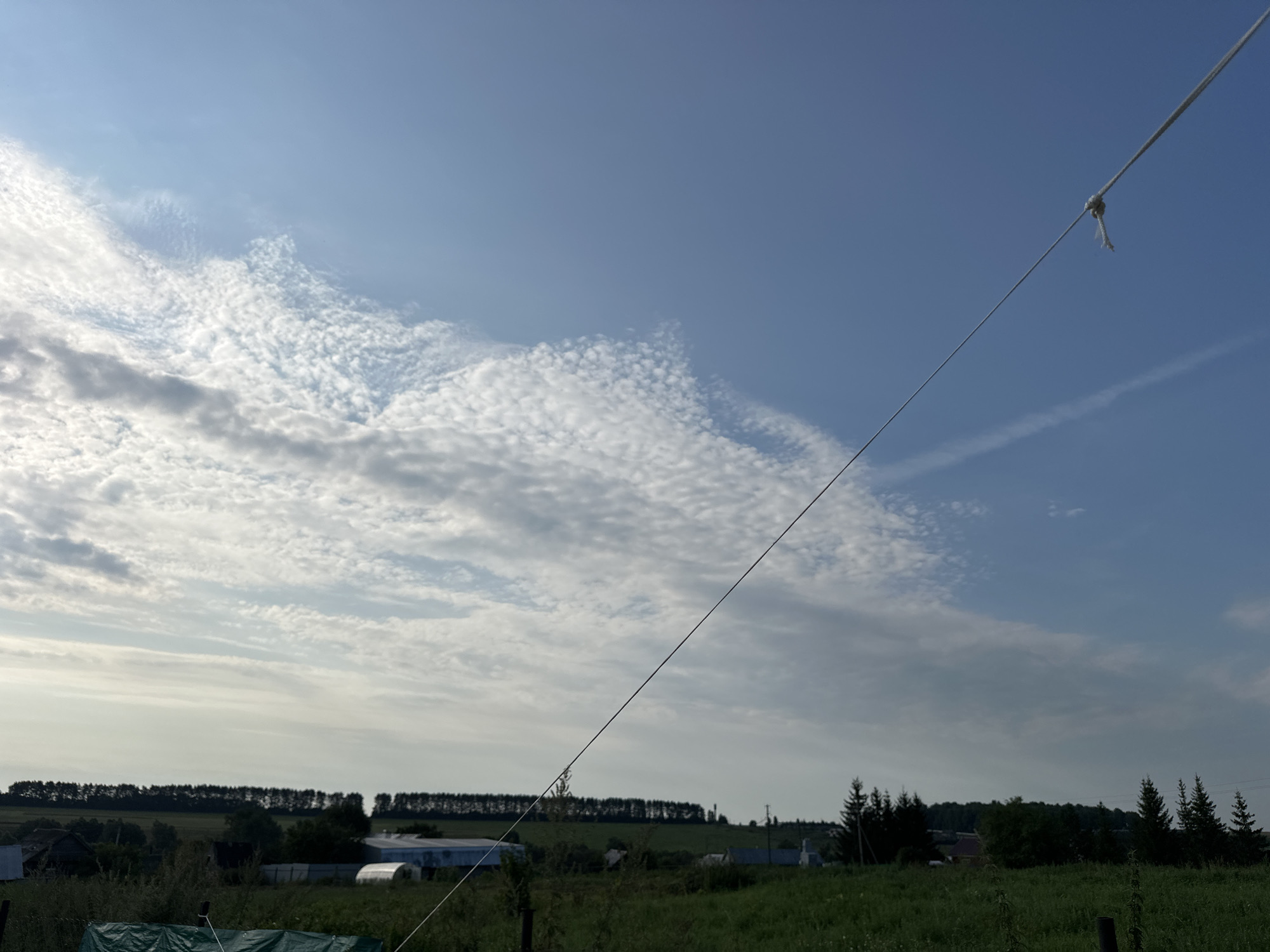 The image captures a wide-angle view of a rural landscape under a partly cloudy sky. A thin rope, secured with a knot, stretches diagonally across the frame from the upper right to the lower left. The sky is a bright blue, with scattered white, wispy clouds forming patterns across the upper portion. Below the sky, a line of dark green trees forms a dense horizon. In the foreground, lush green grass covers the ground, interspersed with various structures that appear to be farm buildings or sheds, some with white roofs. The scene suggests a tranquil, outdoor setting in a rural area, possibly a dacha or a farmstead. The location is identified as Ulyanovsk, Russia.