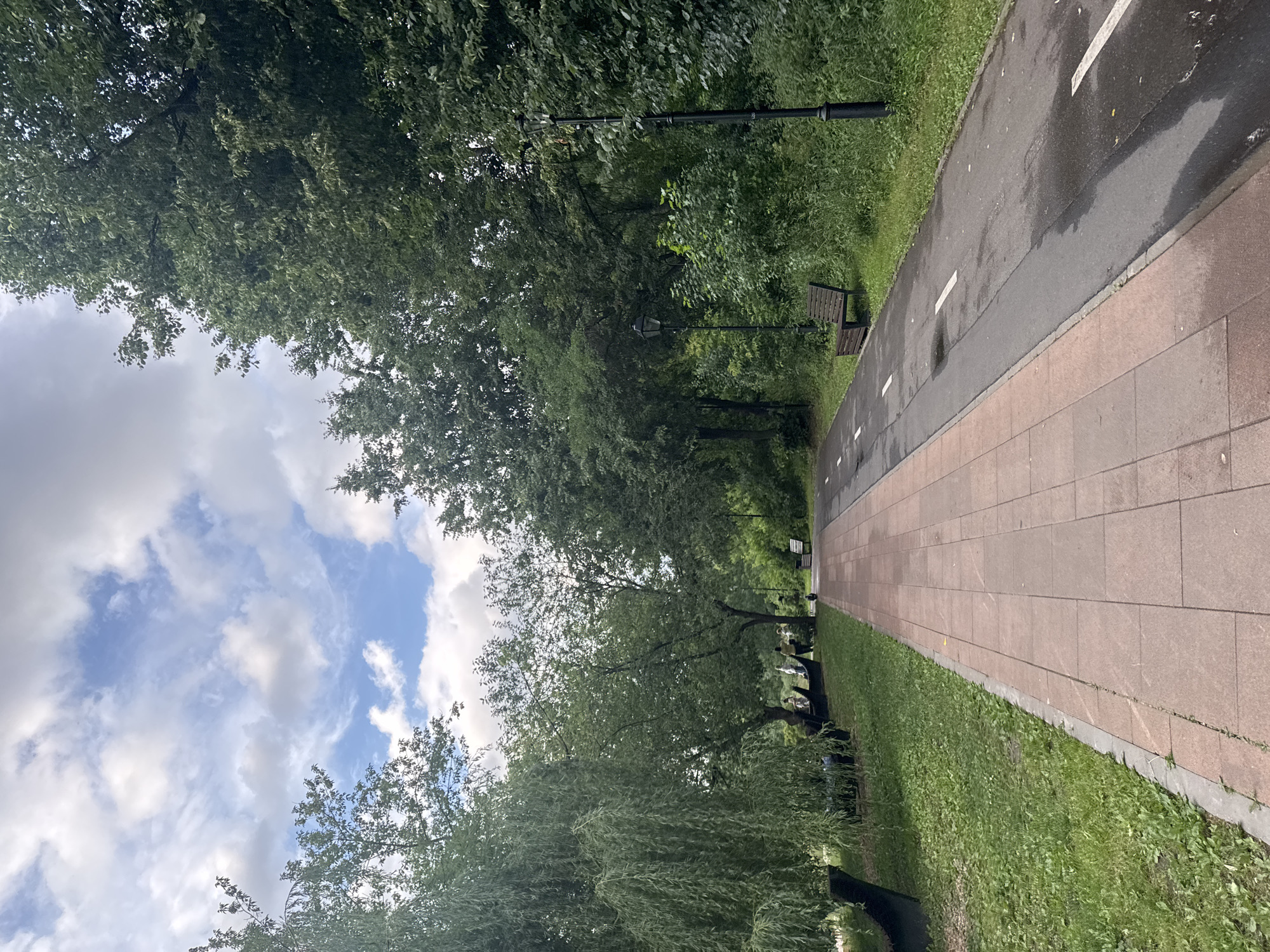 The image depicts a park pathway in Moscow, Russia, with a paved pedestrian walkway on the left and a wet asphalt bike lane on the right. The path is bordered by lush green grass and trees. Several individuals are visible in the background, seated on benches and standing near a cluster of trees. A lamppost stands along the bike lane, and another is situated further down the path. The sky is partly cloudy with patches of blue visible.