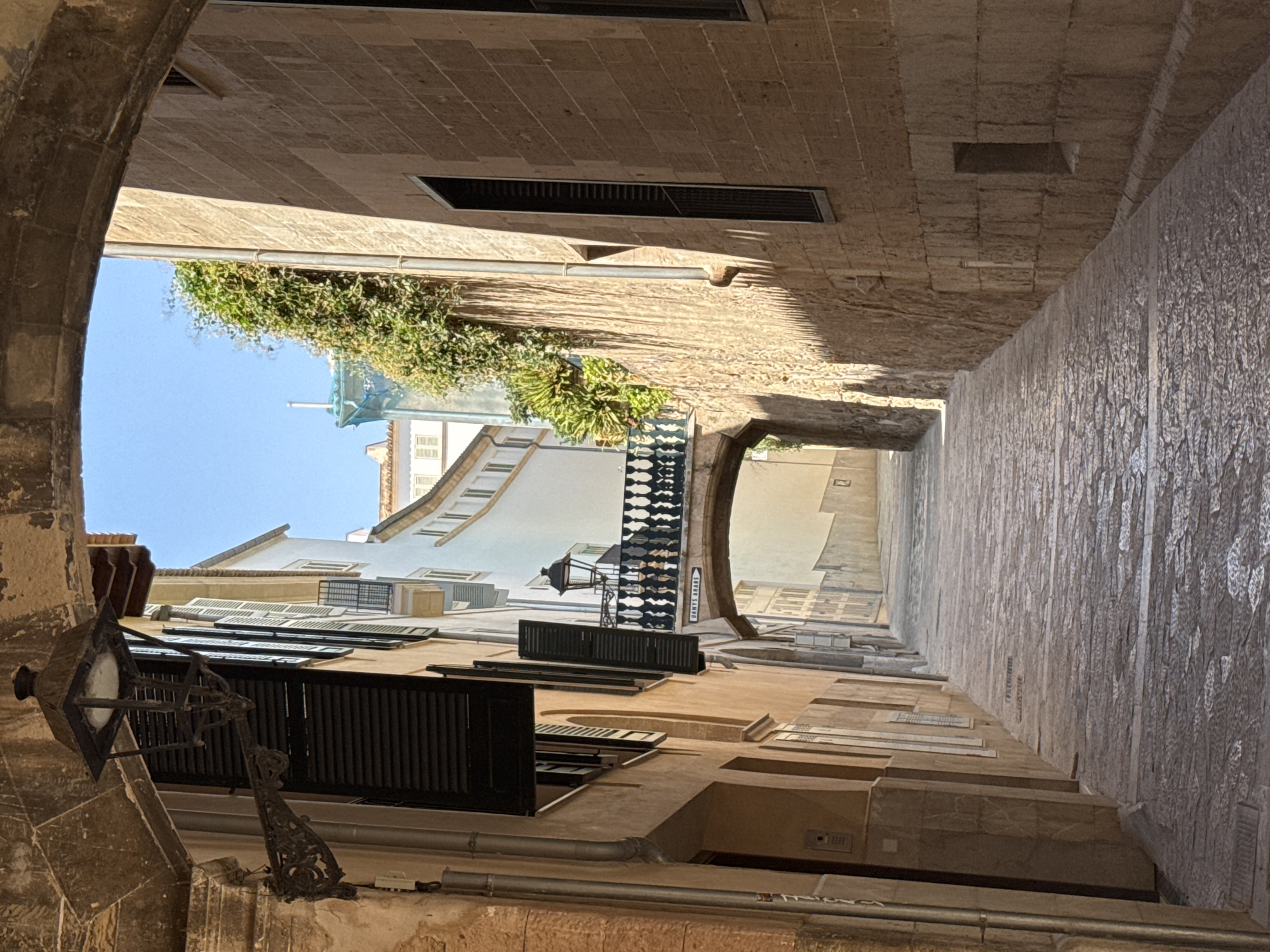 This is a photograph of a narrow, cobblestone street in Palma de Mallorca, Spain, leading towards an archway with a bridge overhead. The buildings flanking the street are constructed of stone and plaster. On the left, a building with a light-colored facade features dark shutters on its windows and an ornate lamppost attached to the wall. On the right, a building made of light brown stone has a textured surface with dark shutters on its windows and a small niche in the wall. A metal railing with decorative elements spans the bridge above, and a sign reading "DANY'S ARABS" is visible on the bridge. Lush green ivy climbs the wall of the building on the right, partially obscuring a downspout. The sky is clear and blue. The scene is bathed in sunlight, casting strong shadows across the street and buildings. The perspective of the shot draws the viewer's eye down the street and through the archway.