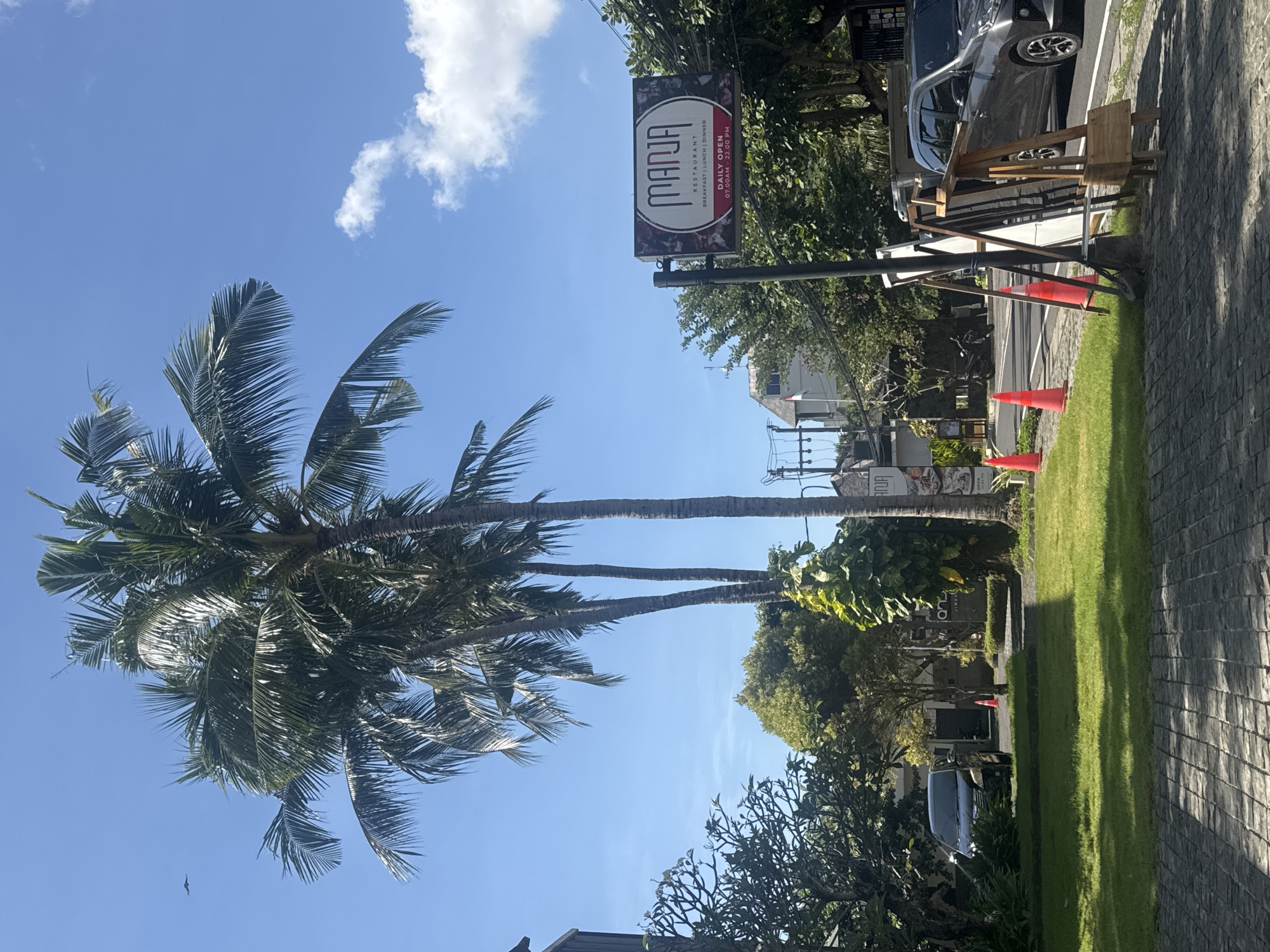 The image depicts an outdoor scene in Kuta Selatan, Indonesia. A palm tree dominates the left side of the frame, set against a clear blue sky with scattered white clouds. To the right, a sign for "MANJA RESTAURANT" is visible, indicating daily hours from 07:00 AM to 22:00 PM. A sidewalk made of gray cobblestones runs along the right edge. Beyond the sidewalk is a patch of green grass, with construction equipment and orange cones. A black car is parked alongside the cones. Additional trees and foliage are scattered throughout, obscuring background buildings and power lines. The scene appears to be captured during daylight hours with bright sunlight.