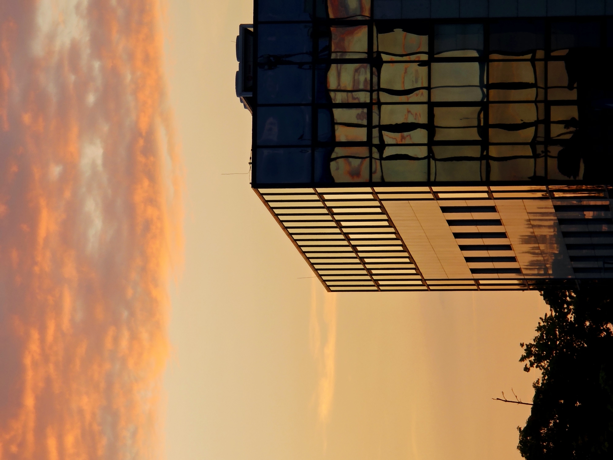 An outdoor, low-angle, vertical shot captures a modern glass-fronted building against a dusky orange and yellow sky filled with wispy, cotton-like clouds. The building's glass facade reflects the dramatic sky, creating distorted, wavy patterns of orange and yellow light. The left side of the building is illuminated by the setting sun, casting a warm glow on its surface. In the lower left corner of the frame, the dark silhouettes of trees are visible, their branches stark against the lighter sky. The top of the building features mechanical equipment, possibly air conditioning units, and a thin antenna. The overall mood is serene and atmospheric, emphasizing the interplay of light and architecture.