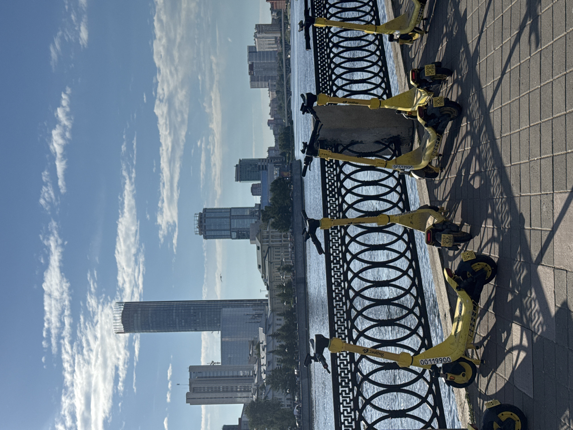 The image depicts a row of yellow electric scooters parked along a waterfront promenade. The scooters are the primary objects in the foreground, with their handlebars and wheels clearly visible. The promenade is paved with grey rectangular tiles and bordered by an ornate black metal fence with a repeating circular pattern. Beyond the fence, a calm blue body of water stretches across the middle ground.
In the background, a cityscape rises, characterized by numerous tall buildings of varying architectural styles and heights. Some buildings appear to be modern skyscrapers with glass facades, while others are more traditional. Trees line the waterfront between the promenade and the buildings, adding a touch of greenery to the urban landscape. The sky above is a bright blue, dotted with scattered white, wispy clouds.
The scene suggests a sunny day, likely in the late morning or early afternoon, given the clear blue sky and the long shadows cast by the scooters and the fence onto the pavement. There are no people immediately visible in the frame, giving the impression of a quiet moment on the promenade. The presence of the parked scooters indicates they are likely available for rent, suggesting a public recreational area in a city.
Visible text on the scooters includes branding like "Яндекс Go" and numerical identifiers such as "00119900". The overall atmosphere is peaceful and urban, showcasing a blend of modern city infrastructure and accessible personal transportation. The location is Yekaterinburg, Russia.