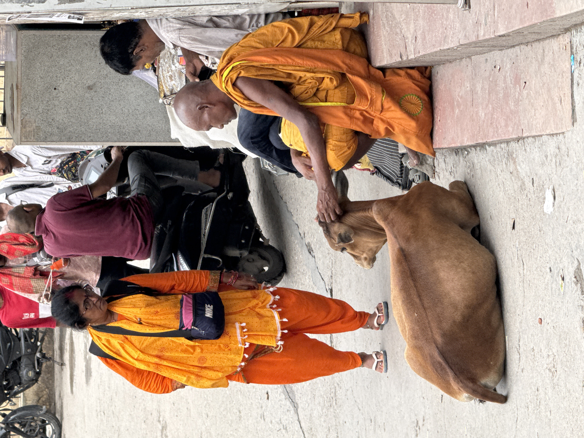 In Rishikesh, India, a scene unfolds on a dusty street. A woman, dressed in an orange salwar kameez and a vibrant orange dupatta, stands looking downwards. She wears glasses and a black crossbody bag with a pink and navy pouch bearing the Nike logo. Her feet are clad in white flip-flops. Beside her, a young brown calf lies on the ground, its body mostly filling the lower portion of the frame.
To the right, a bald man, possibly a monk, sits on a low step, draped in an orange robe. He is gently petting the calf. His legs are crossed, and his feet, wearing dark sandals, are visible. Behind him, another man in a light-colored shirt is seated, his face obscured. Further in the background, several other individuals are present, some standing, others seated on or near a parked motorcycle. The environment suggests a public street, with concrete ground and a textured wall or building to the right. A parked motorcycle with a black frame and tires is partially visible on the left side of the image.