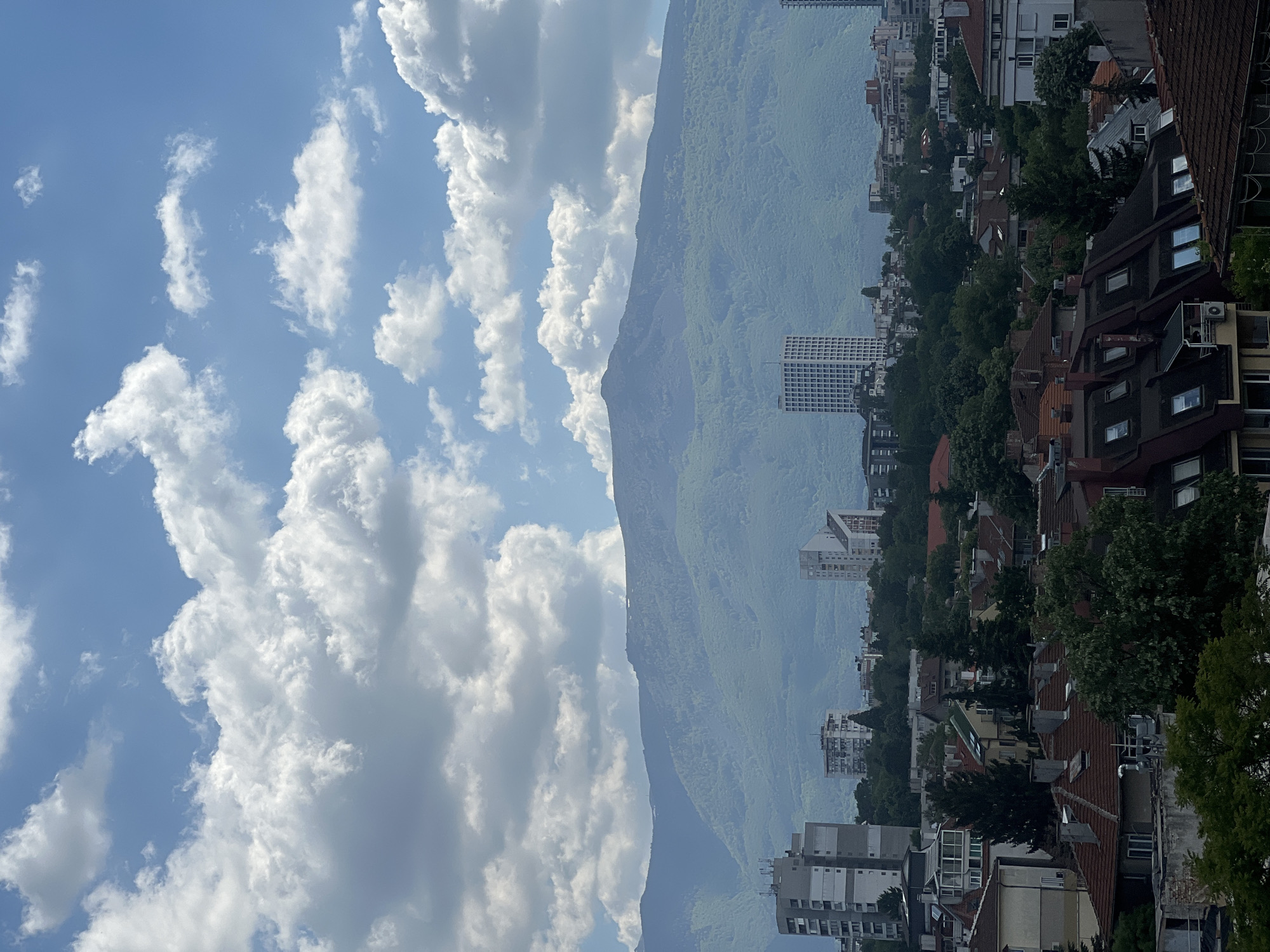 The image captures a view in Sofia, Bulgaria, looking towards Vitosha Mountain. The left side of the image is dominated by a cloudy blue sky. Vitosha Mountain rises in the center, covered in green vegetation. To the right, there's a dense urban area, featuring buildings of varying heights and architectural styles, interspersed with trees. The foreground is characterized by rooftops of residential buildings.