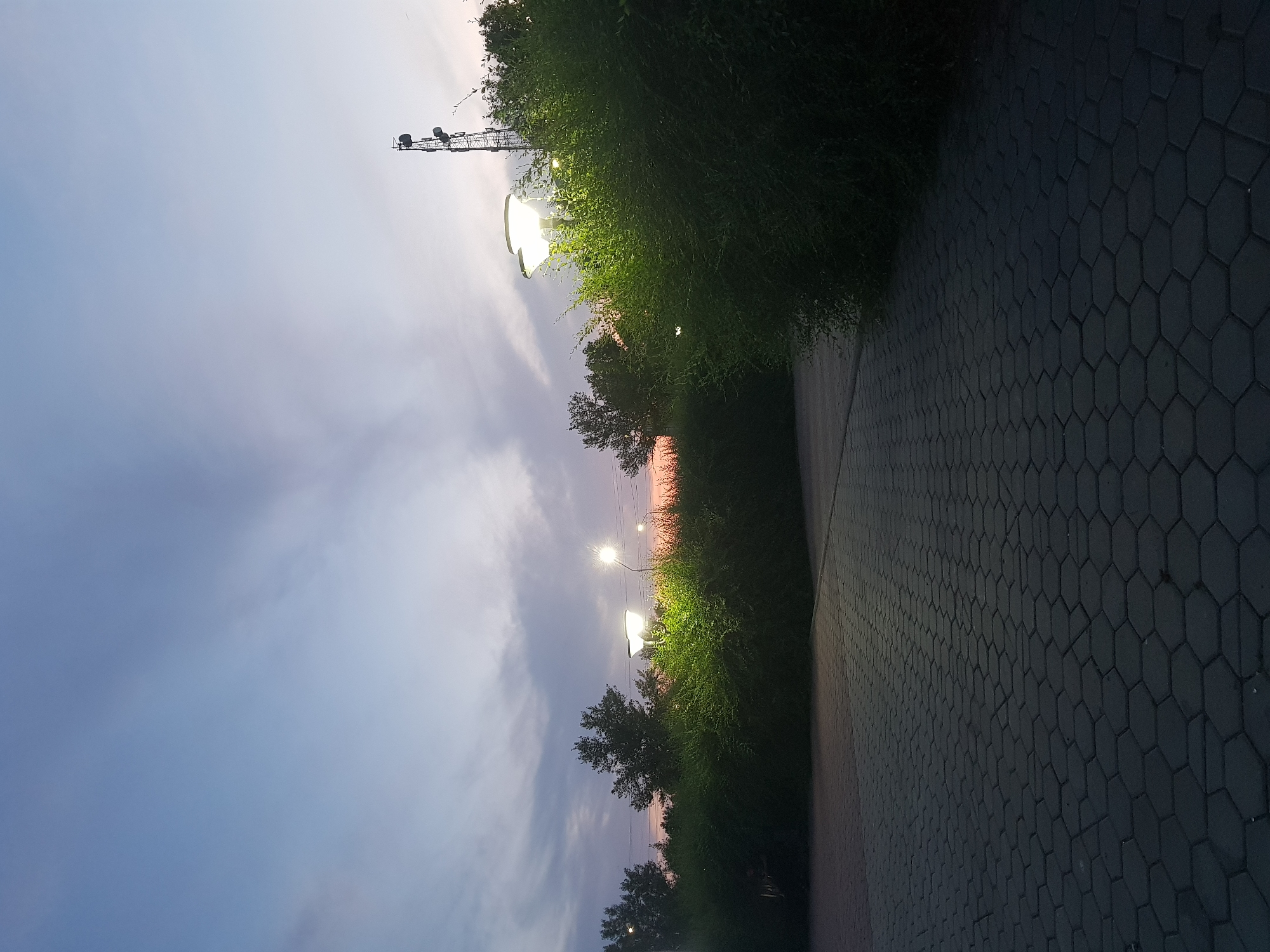 The image depicts an outdoor scene at dusk. A hexagonal paver stone walkway leads into the frame from the bottom left. To the right of the walkway are dense, dark green bushes illuminated by several streetlights, which are also visible as bright, white orbs. Trees with dark foliage are scattered behind the bushes, and a tall transmission tower with antennas stands in the background on the right. The sky is a gradient of pale blue to a soft pinkish hue near the horizon, with wispy clouds. There are no people or animals visible in the image. The scene appears to be in a park or along a paved path in an urban or suburban area, possibly Kurchatov, Kazakhstan, given the presence of such infrastructure.