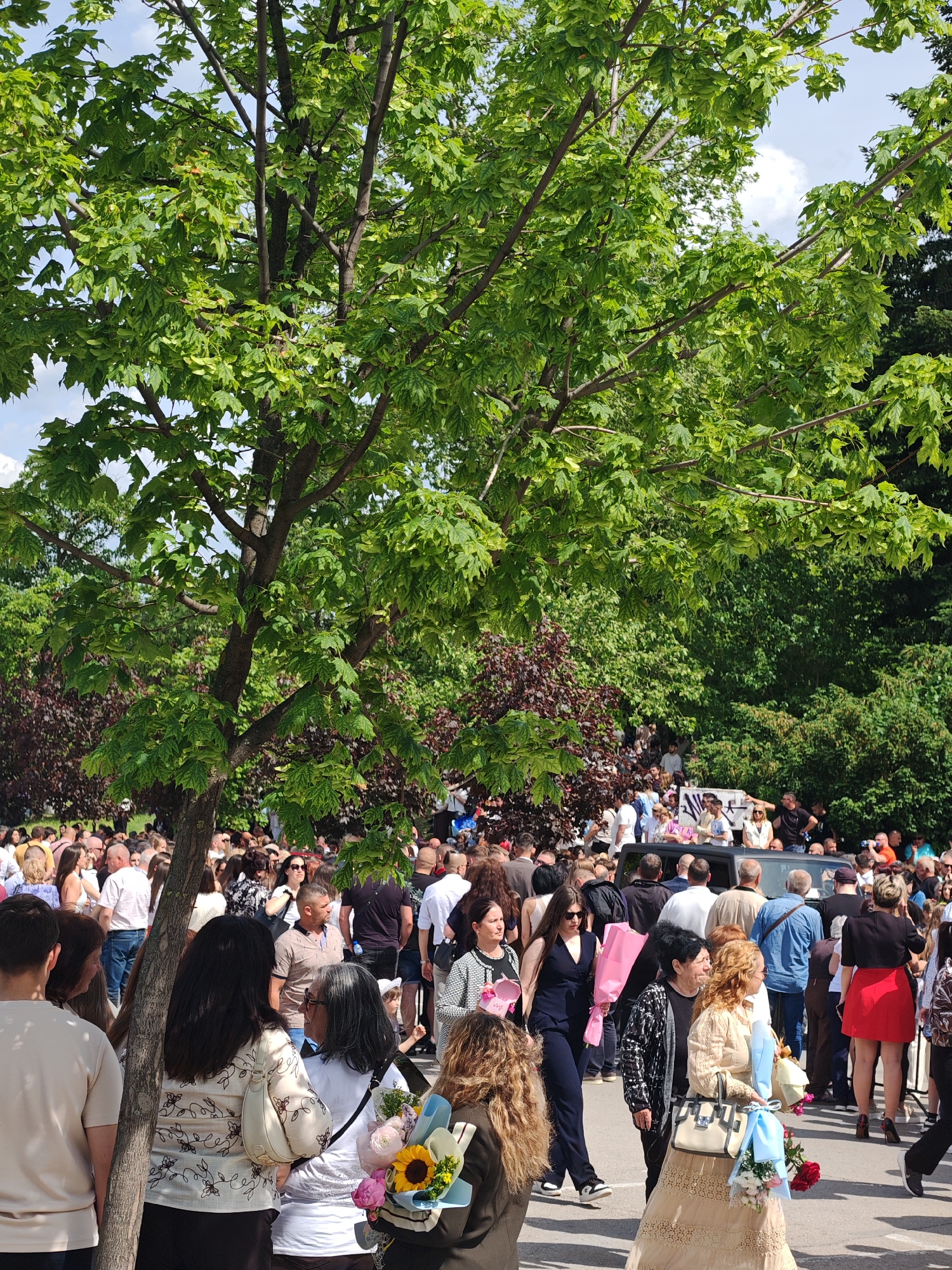 The image shows a large crowd gathered in what appears to be a public space, possibly a park or square, filled with trees. Many people are standing, and some are holding flowers. The background reveals a row of cars and more individuals observing from behind the vehicles.
While the location in the city of Shumen, Bulgaria, isn't directly evidenced by the image, the visual details suggest an outdoor gathering of a significant size. The presence of flowers and the crowd's demeanor could indicate a memorial service or public event.